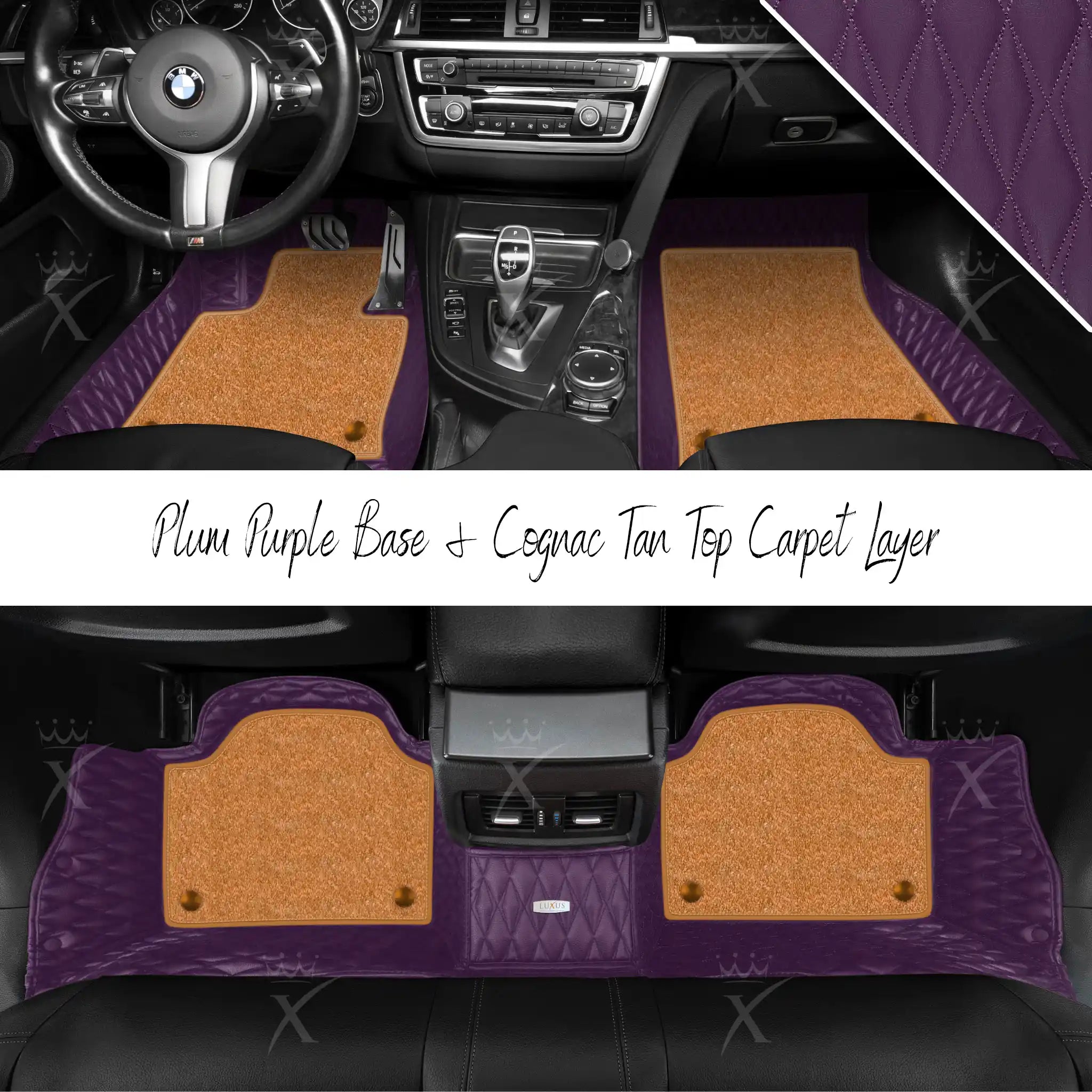 Plum Purple Twin Diamond & Cognac Tan Carpet | Double Layer Luxury Car Mats Set