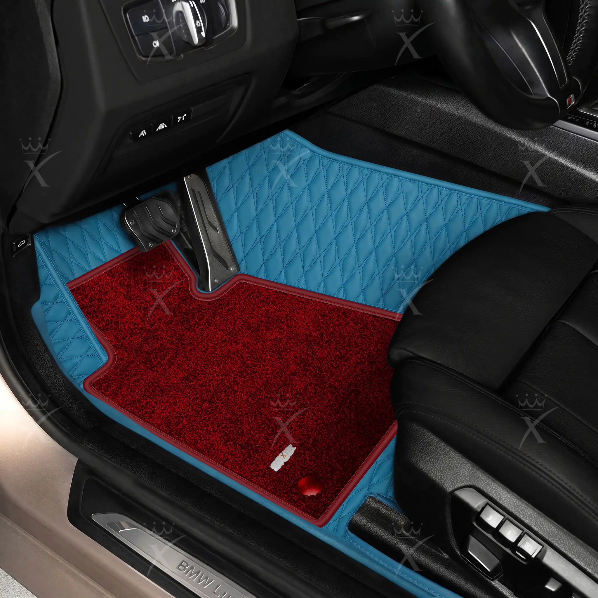 Luxus Twin-Diamond Double Layer Series Floor Mats | Sky Blue & Bordeaux Wine Top Carpet
