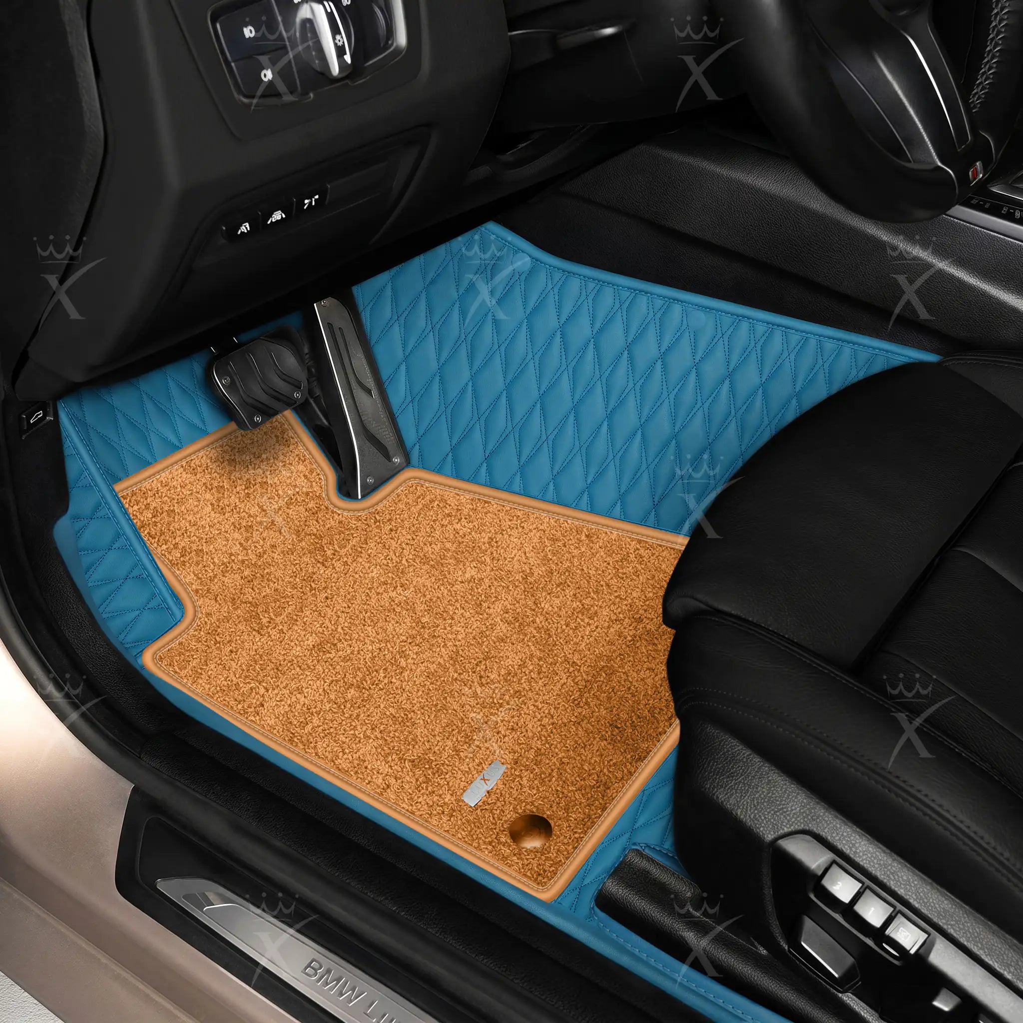 Luxus Twin-Diamond Double Layer Series Floor Mats | Sky Blue & Cognac Tan Top Carpet