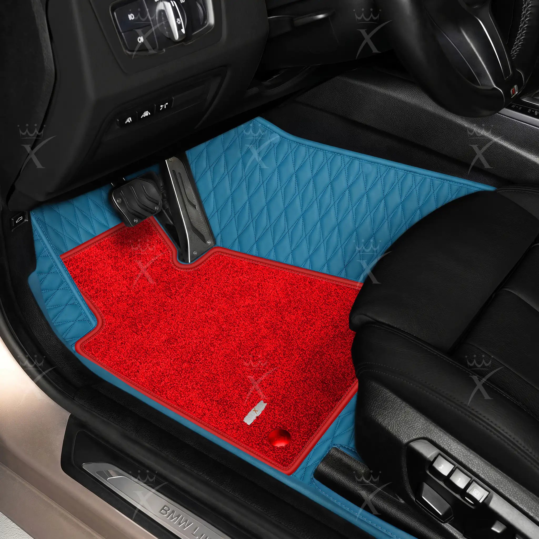 Luxus Twin-Diamond Double Layer Series Floor Mats | Sky Blue & Rosso Corsa Top Carpet