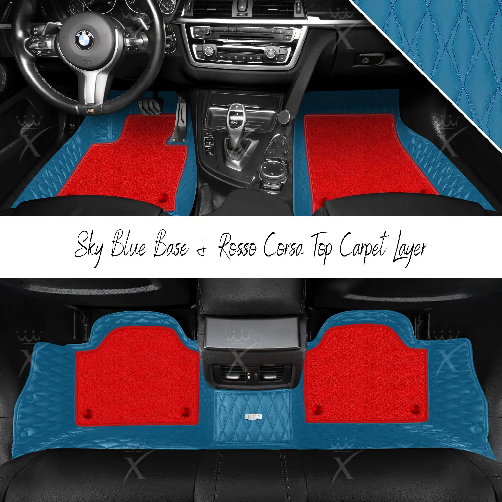 Sky Blue Twin Diamond & Rosso Corsa Carpet | Double Layer Luxury Car Mats Set