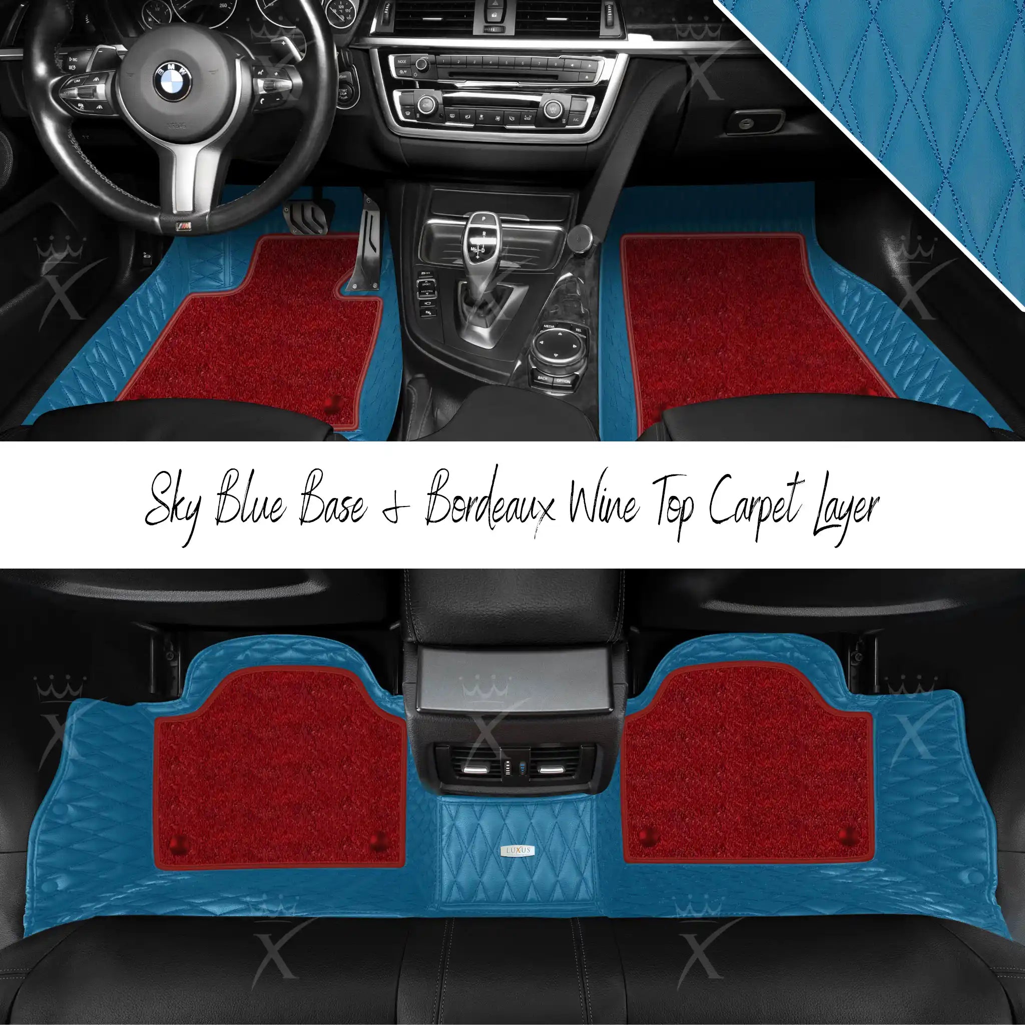 Sky Blue Twin Diamond & Bordeaux Wine Carpet | Double Layer Luxury Car Mats Set