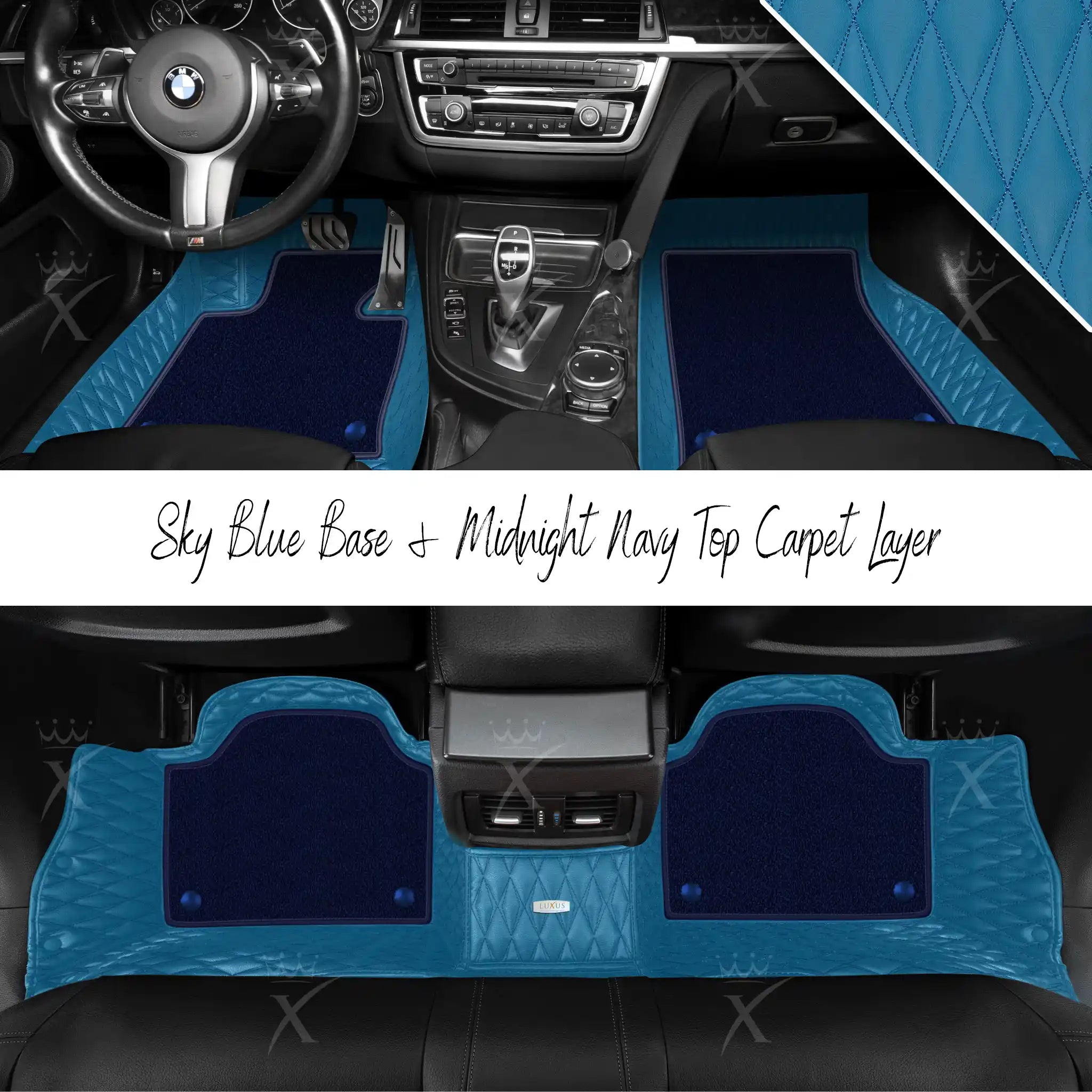 Sky Blue Twin Diamond & Midnight Navy Carpet | Double Layer Luxury Car Mats Set