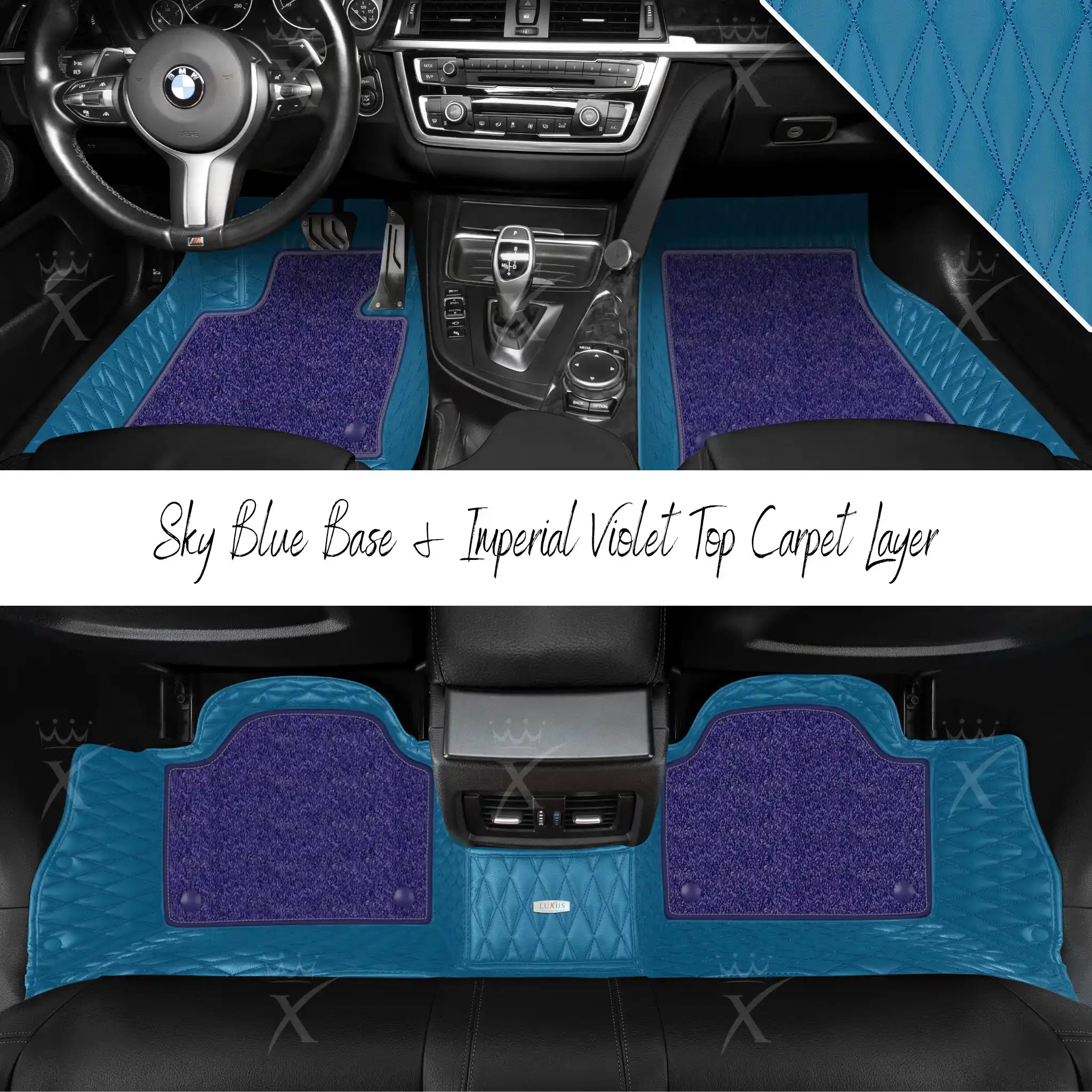 Sky Blue Twin Diamond & Imperial Violet Carpet | Double Layer Luxury Car Mats Set