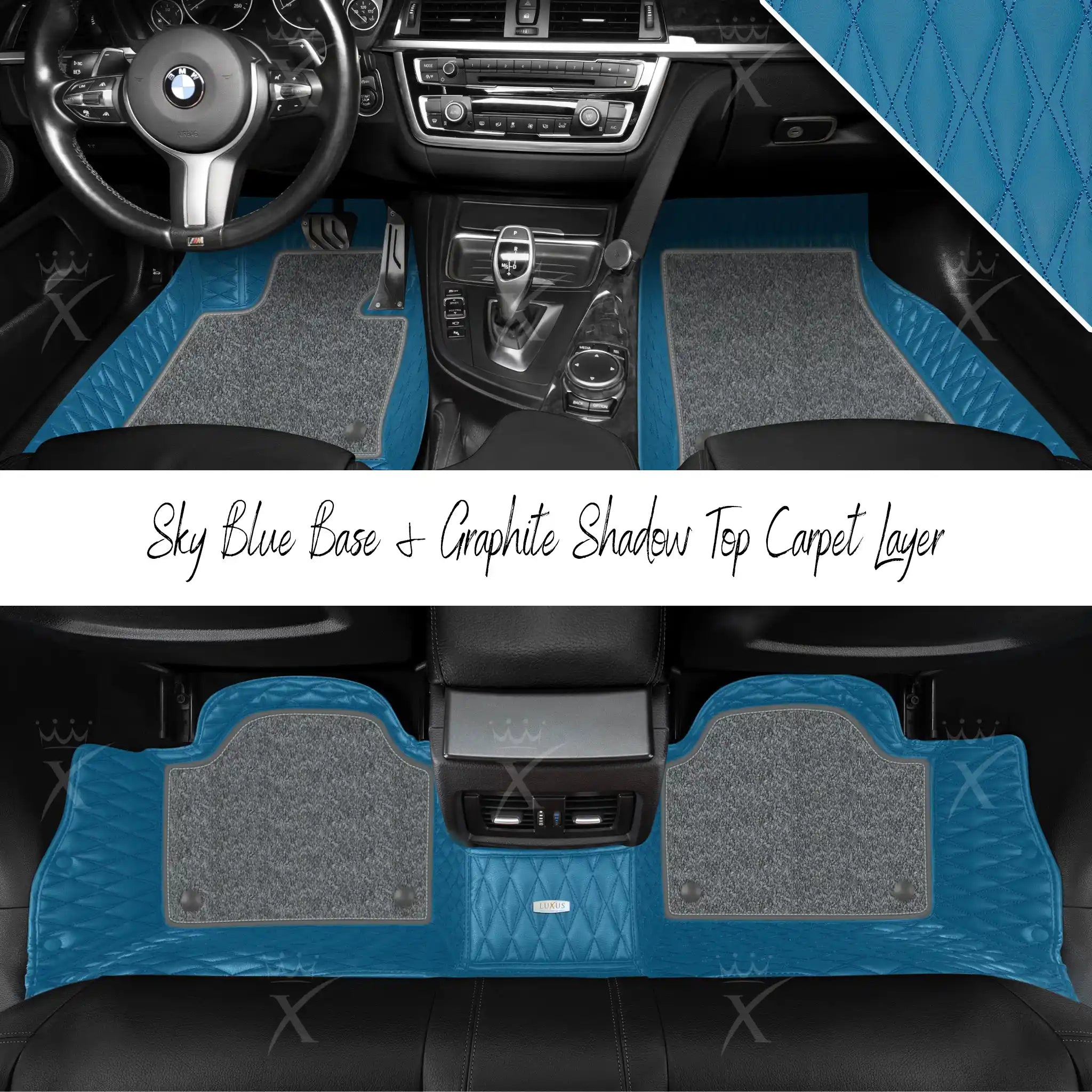 Sky Blue Twin Diamond & Graphite Shadow Carpet | Double Layer Luxury Car Mats Set
