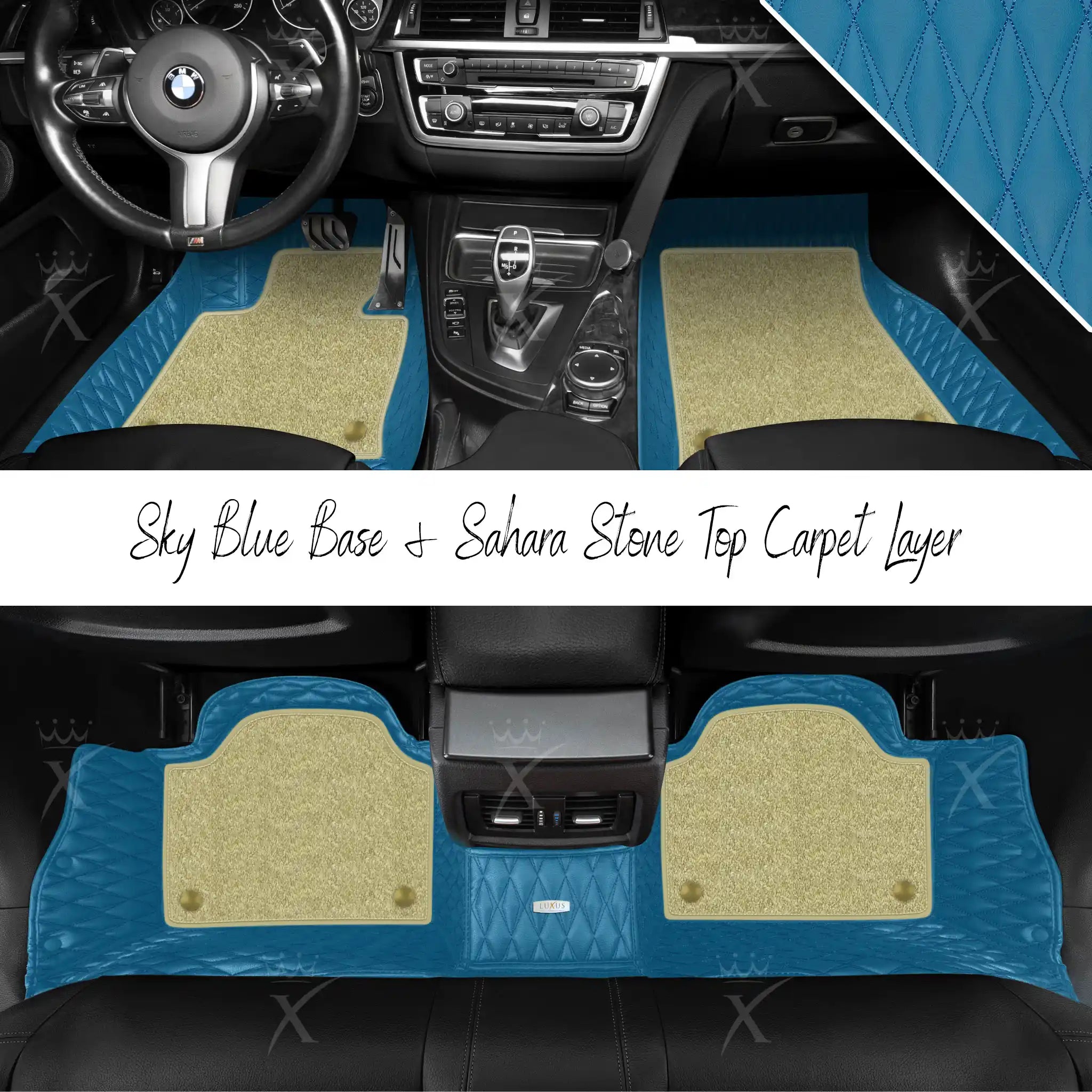 Sky Blue Twin Diamond & Sahara Stone Carpet | Double Layer Luxury Car Mats Set