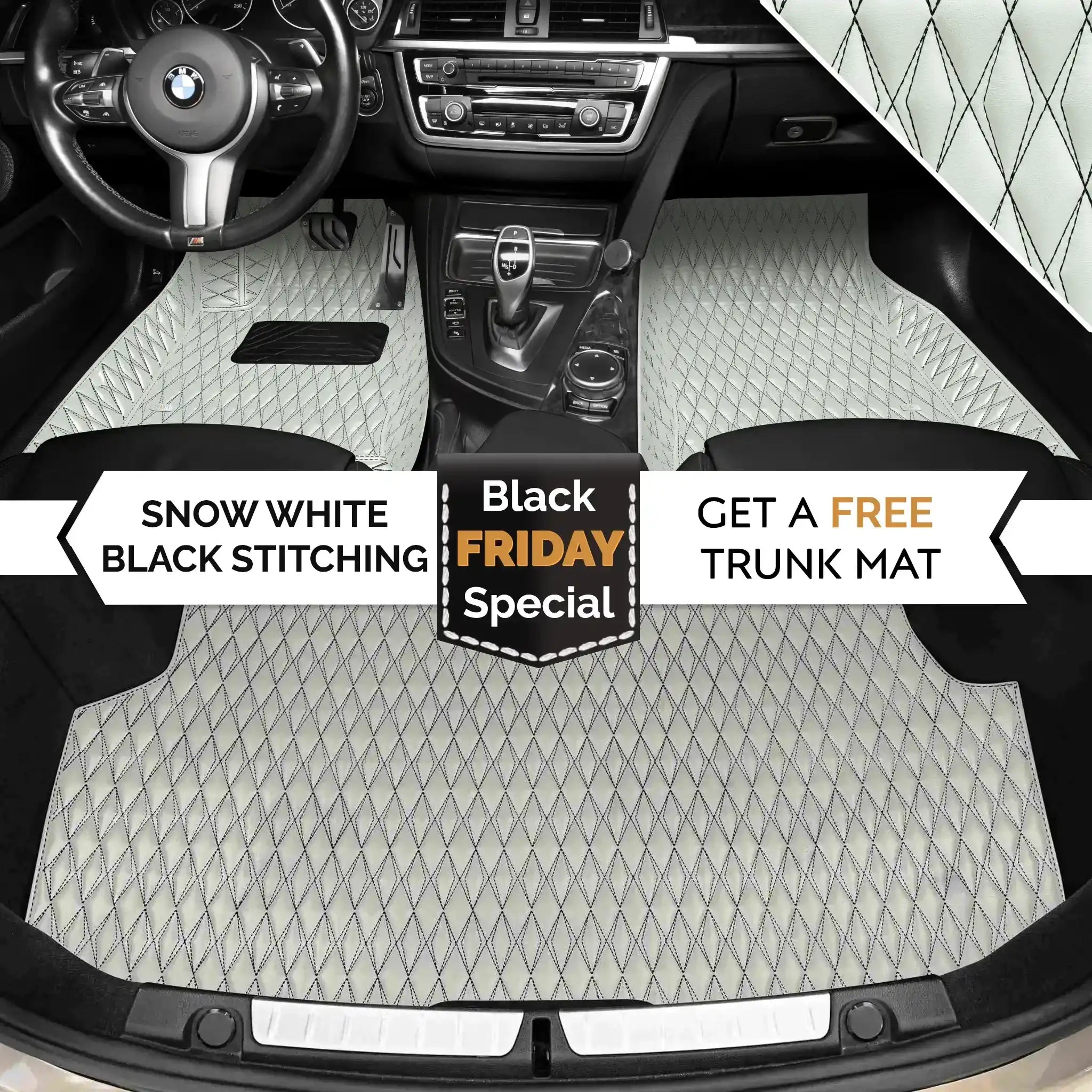 Luxus Premium Twin-Diamond Custom Luxury Car Mats Set | Snow White Black Stitching