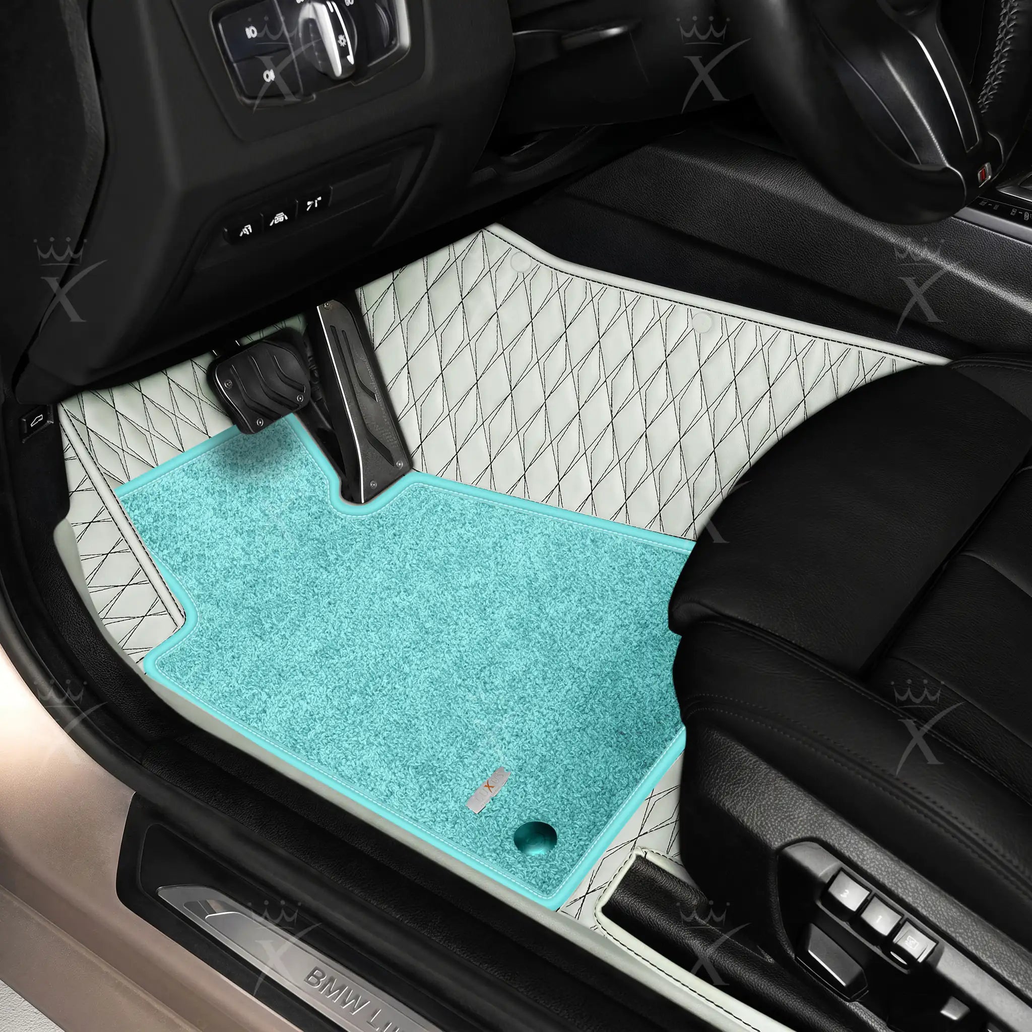 Luxus Twin-Diamond Double Layer Series Floor Mats | Snow White & Black Stitching & Aqua Frost Top Carpet