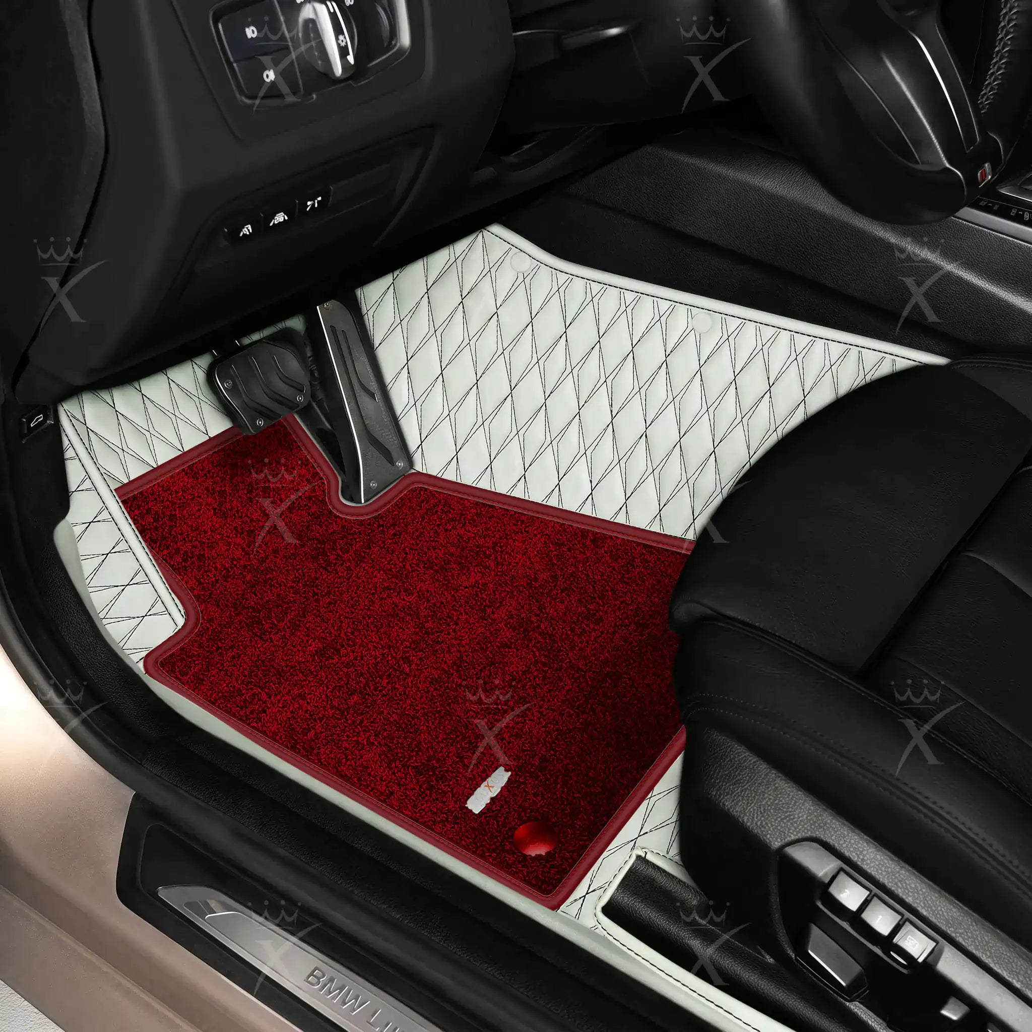 Luxus Twin-Diamond Double Layer Series Floor Mats | Snow White & Black Stitching & Bordeaux Wine Top Carpet