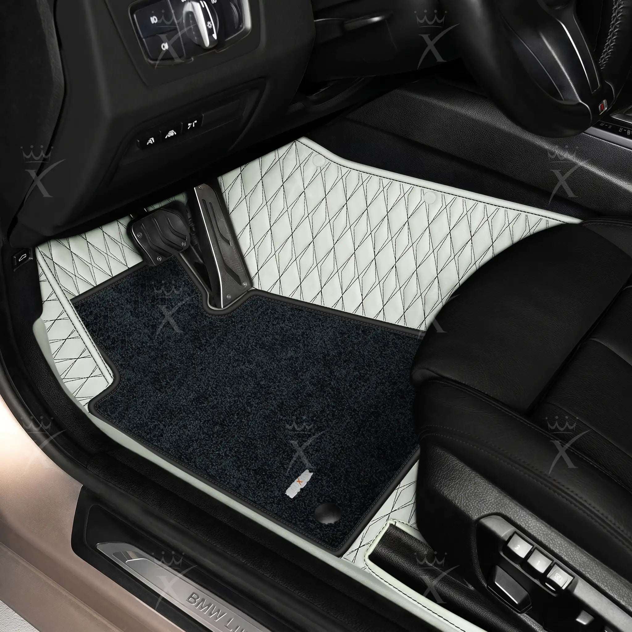 Luxus Twin-Diamond Double Layer Series Floor Mats | Snow White & Black Stitching & Obsidian Black Top Carpet