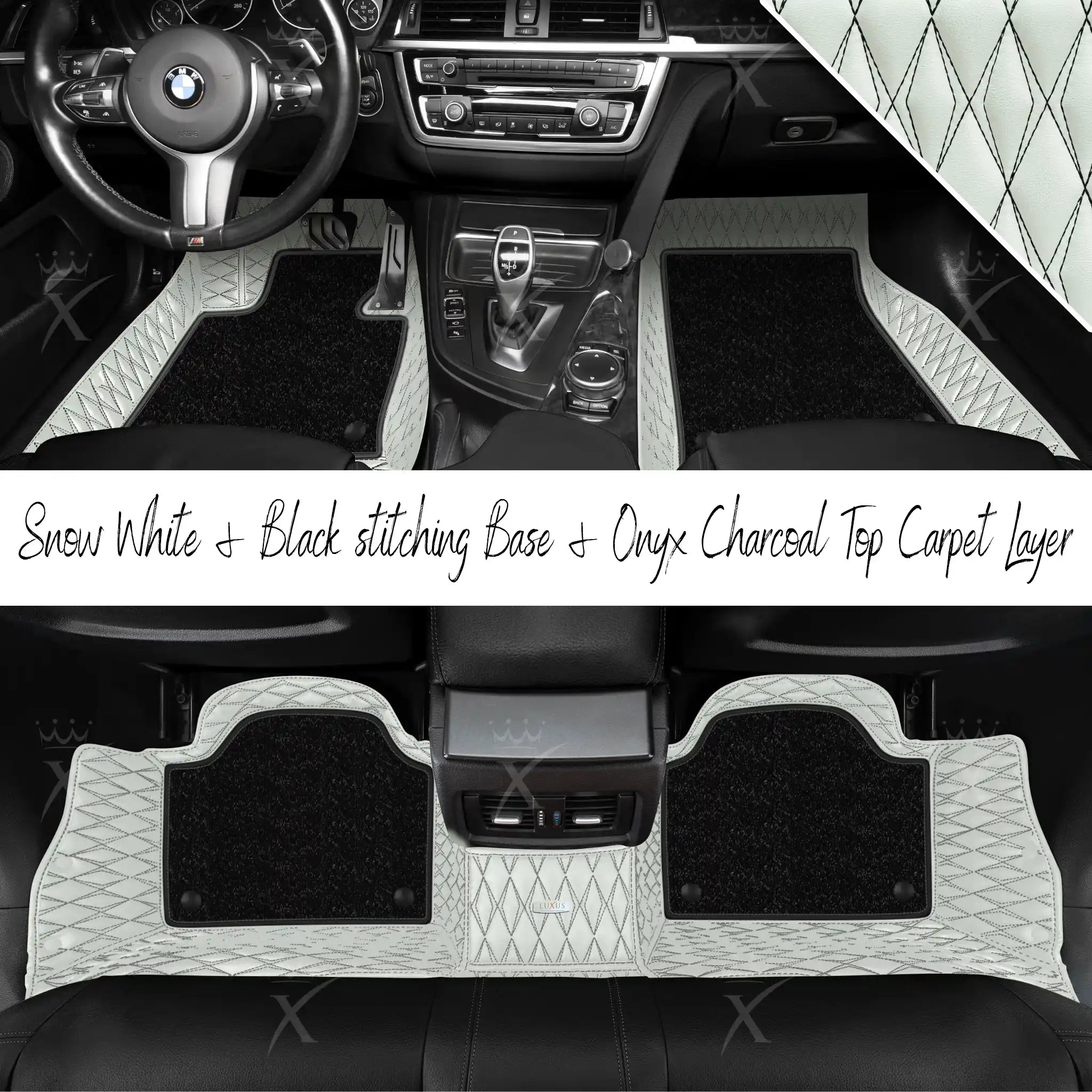 Snow White & Black Stitching Twin Diamond & Onyx Charcoal Carpet | Double Layer Luxury Car Mats Set