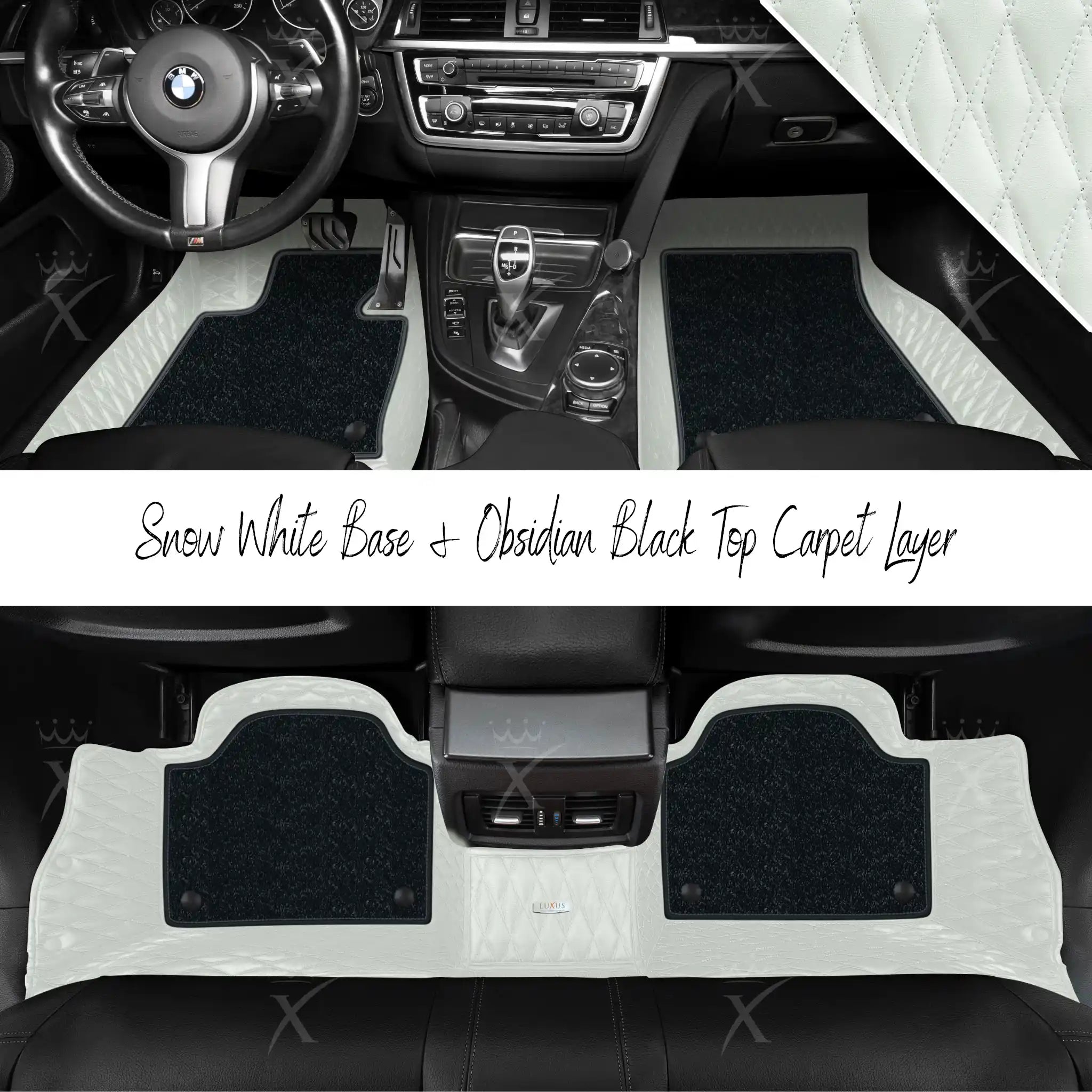 Snow White Twin Diamond & Obsidian Black Carpet | Double Layer Luxury Car Mats Set