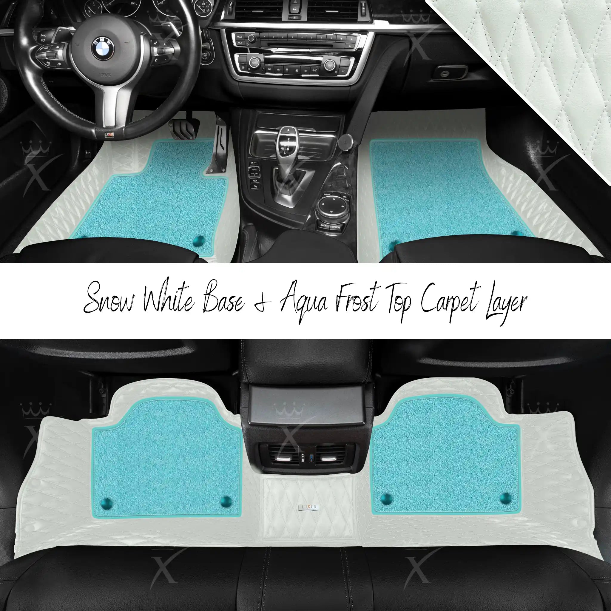Snow White Twin Diamond & Aqua Frost Carpet | Double Layer Luxury Car Mats Set