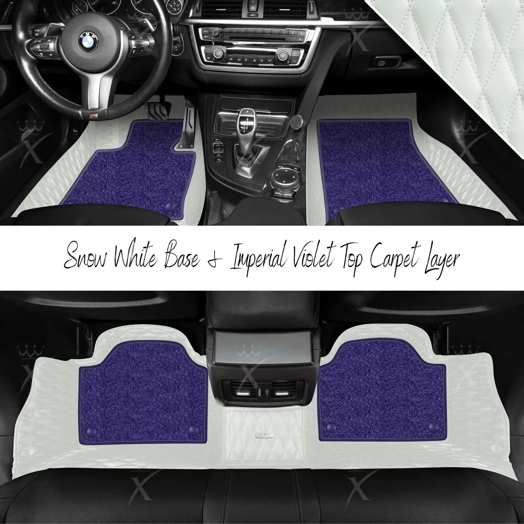 Snow White Twin Diamond & Imperial Violet Carpet | Double Layer Luxury Car Mats Set