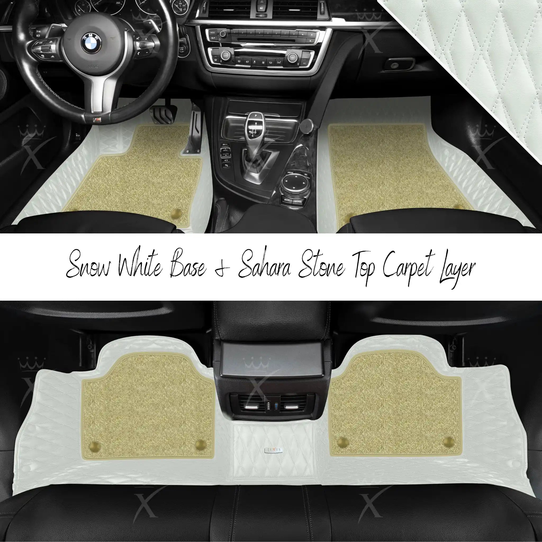 Snow White Twin Diamond & Sahara Stone Carpet | Double Layer Luxury Car Mats Set