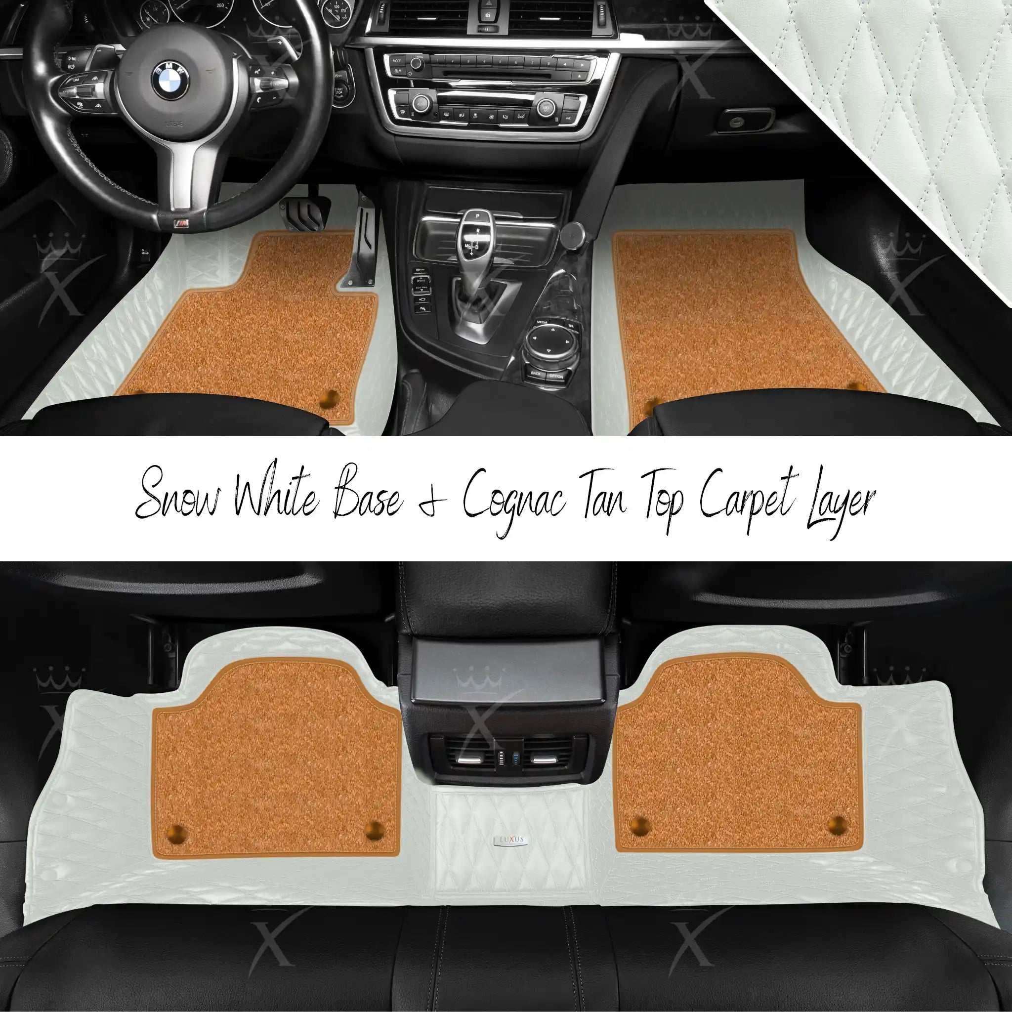 Snow White Twin Diamond & Cognac Tan Carpet | Double Layer Luxury Car Mats Set