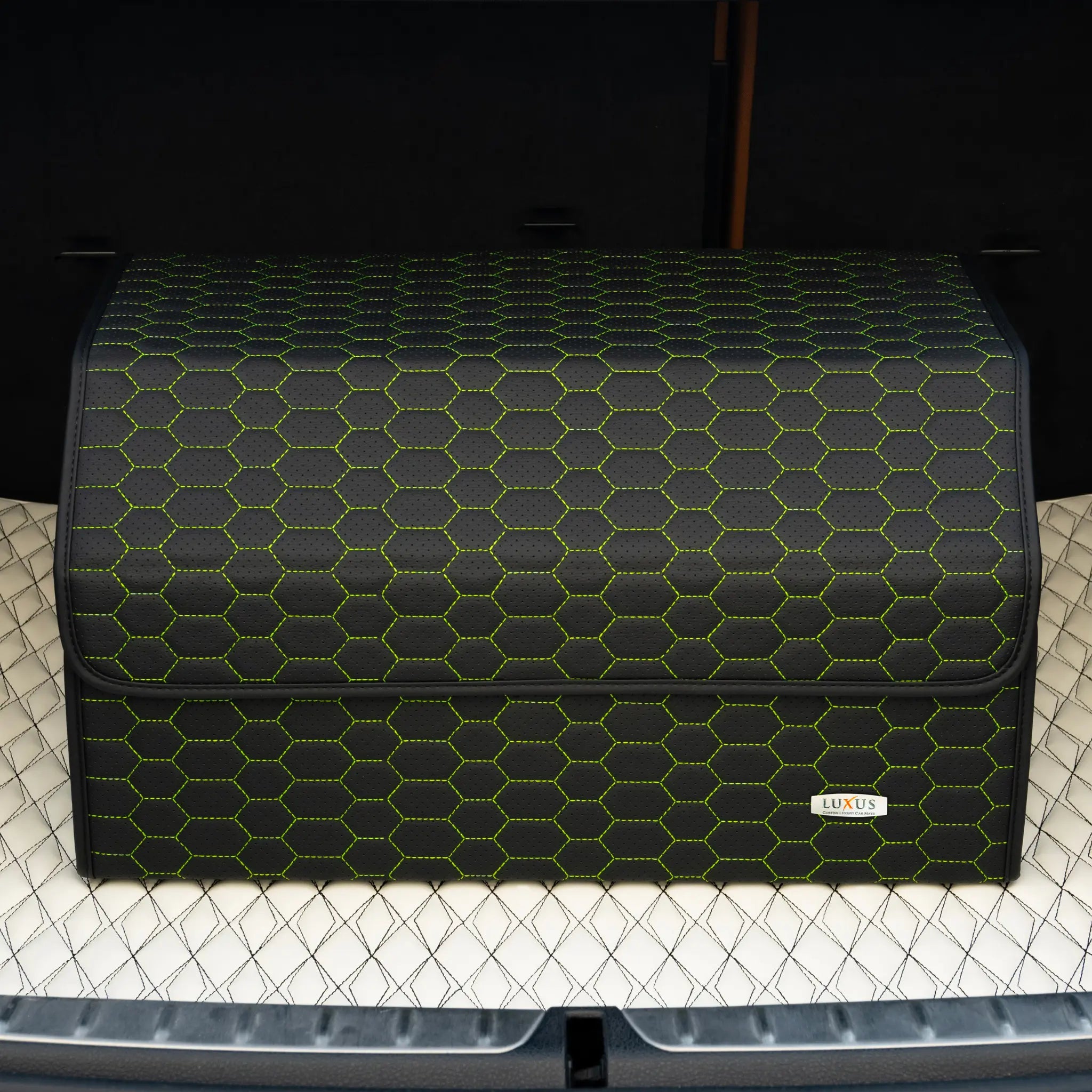 NEW Black & Lime Green Honeycomb Stitching Car Trunk Organizer by Luxus