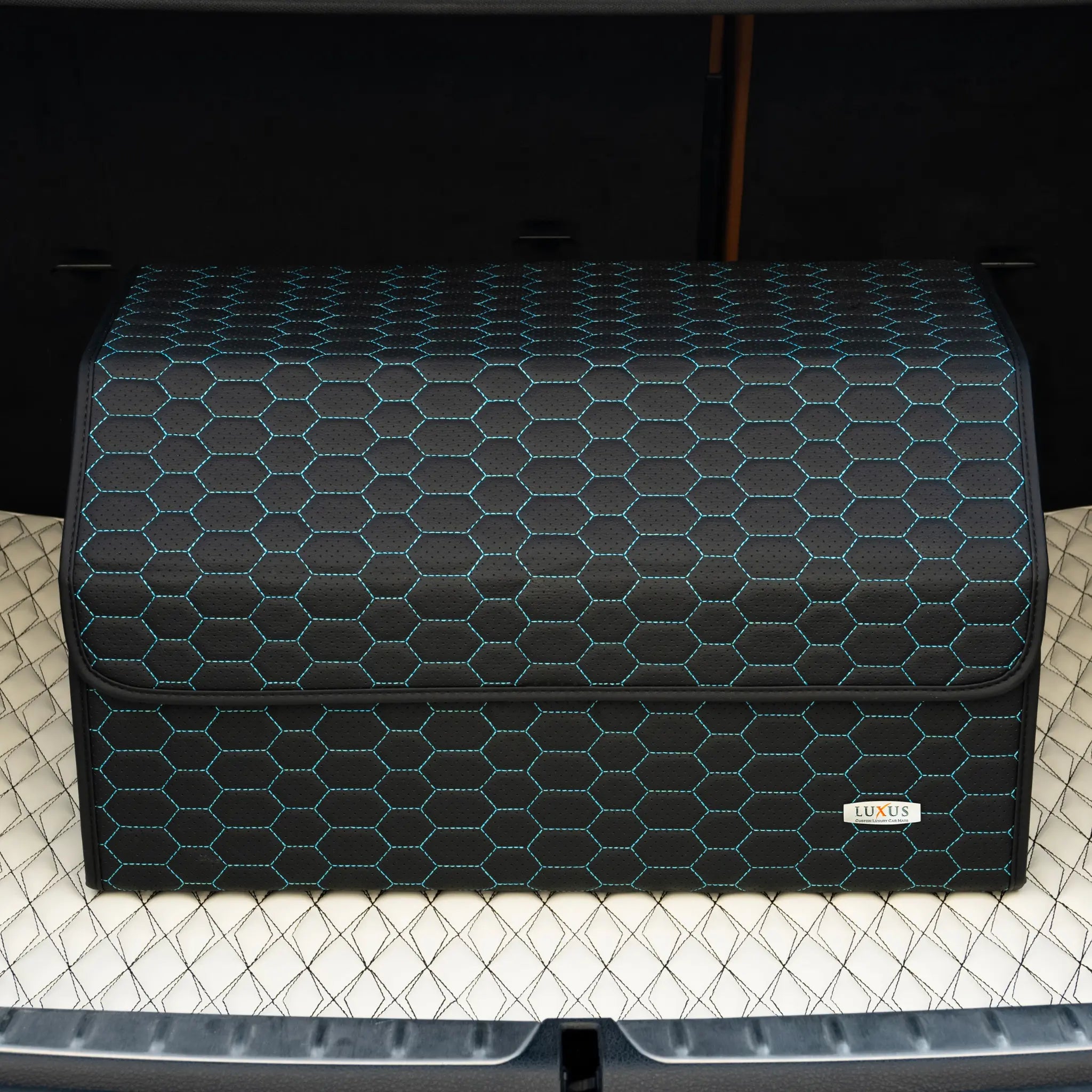 NEW Black & Teal Honeycomb Stitching Car Trunk Organizer by Luxus