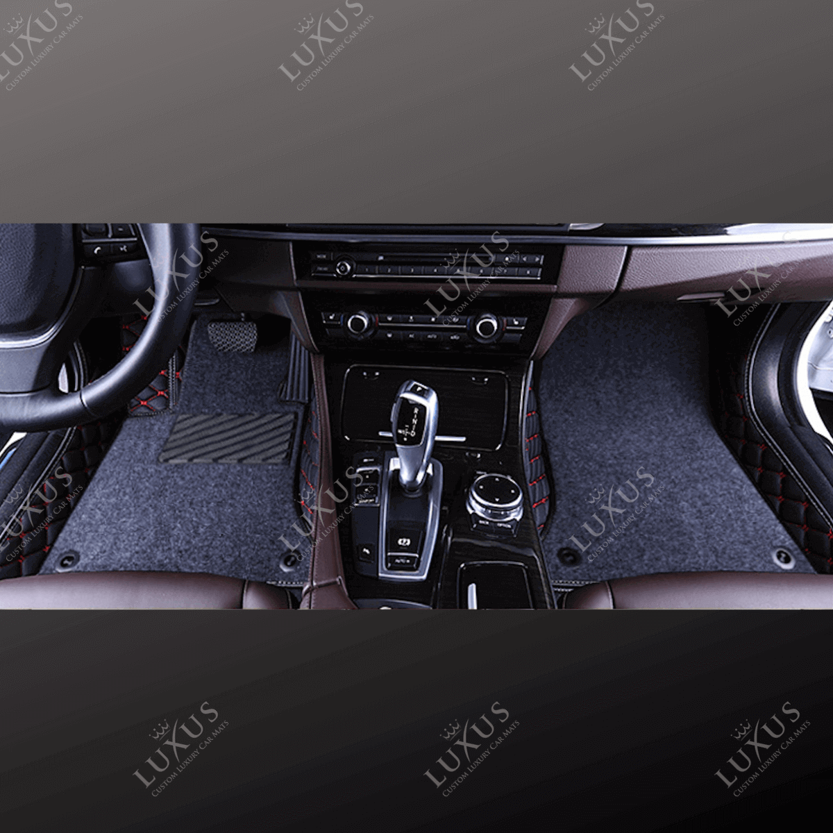 Black & Red Stitching Base & Grey Top Carpet Double Layer Luxury Car Mats Set