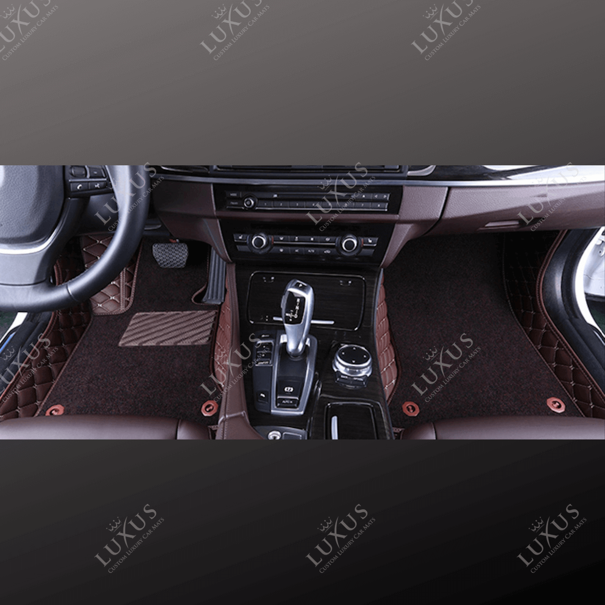 Chocolate Brown Diamond Base & Brown Top Carpet Double Layer Luxury Car Mats Set