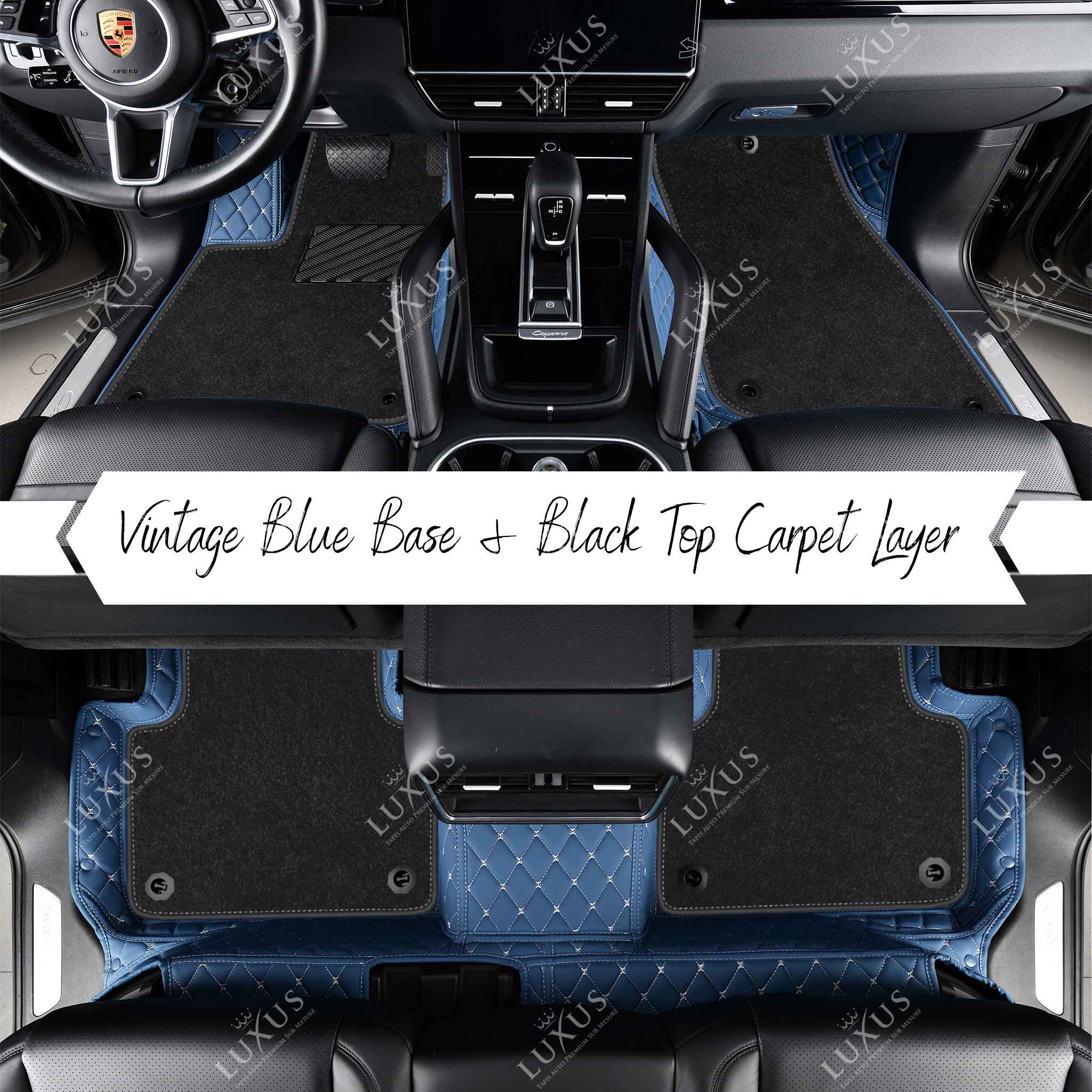 Vintage Blue Diamond & Black Carpet | Double Layer Luxury Car Mats Set