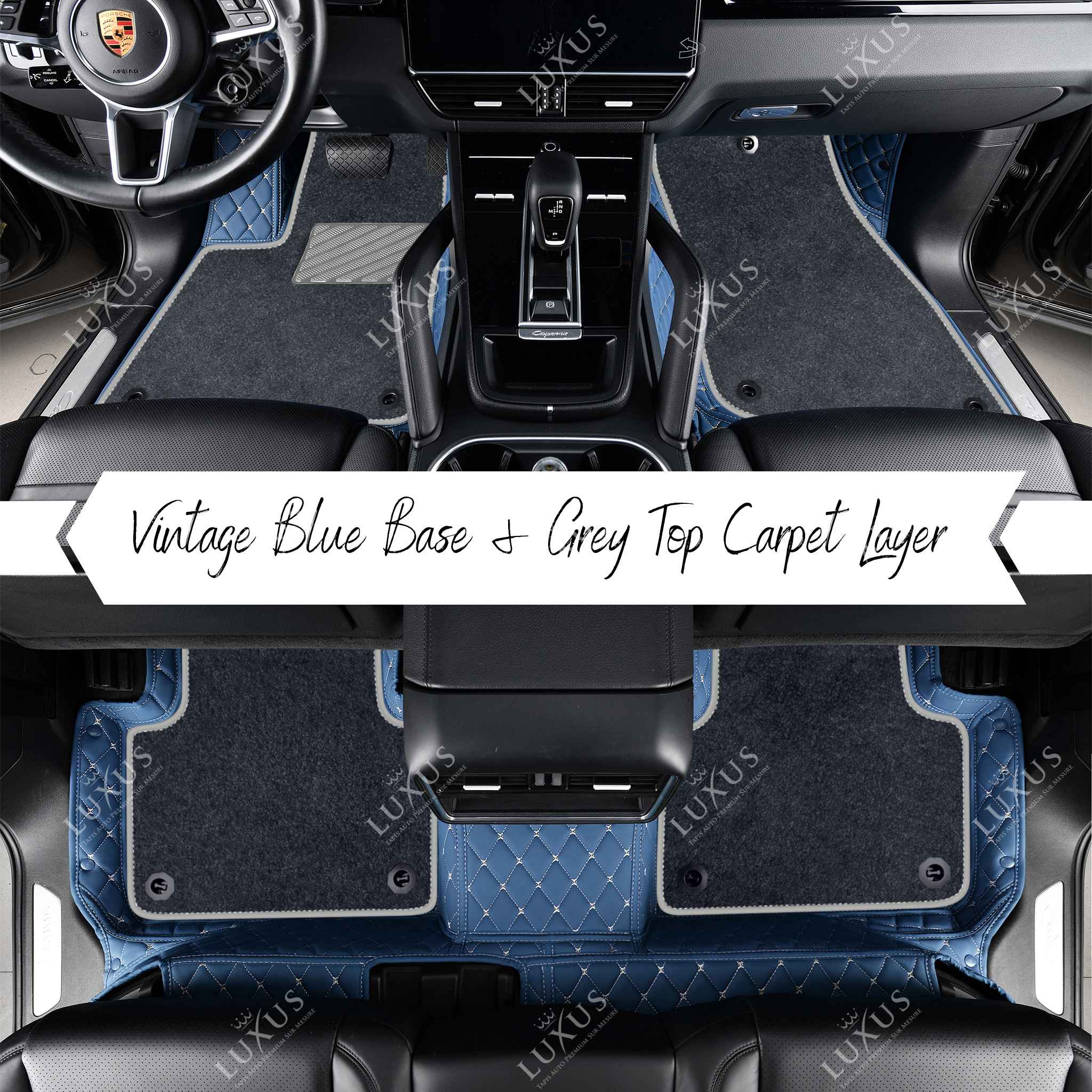 Vintage Blue Diamond & Grey Carpet | Double Layer Luxury Car Mats Set