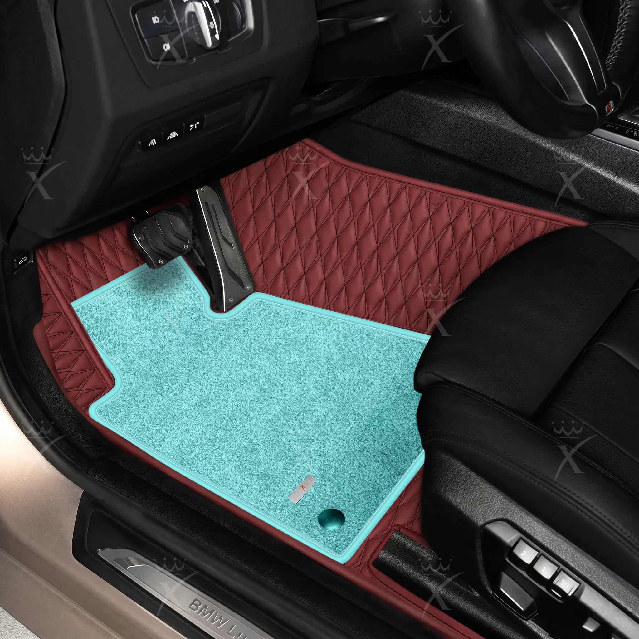 Luxus Twin-Diamond Double Layer Series Floor Mats | Wine Red & Aqua Frost Top Carpet