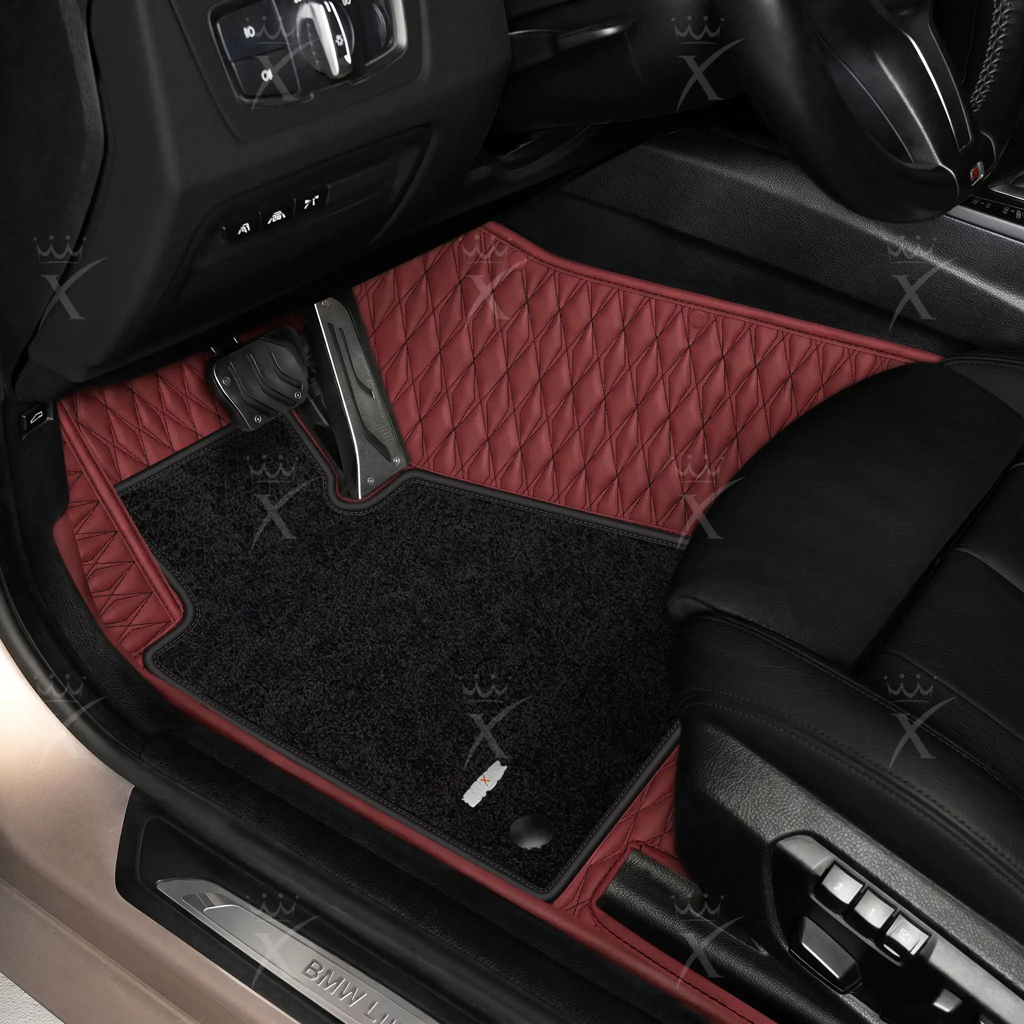 Luxus Twin-Diamond Double Layer Series Floor Mats | Wine Red & Onyx Charcoal Top Carpet