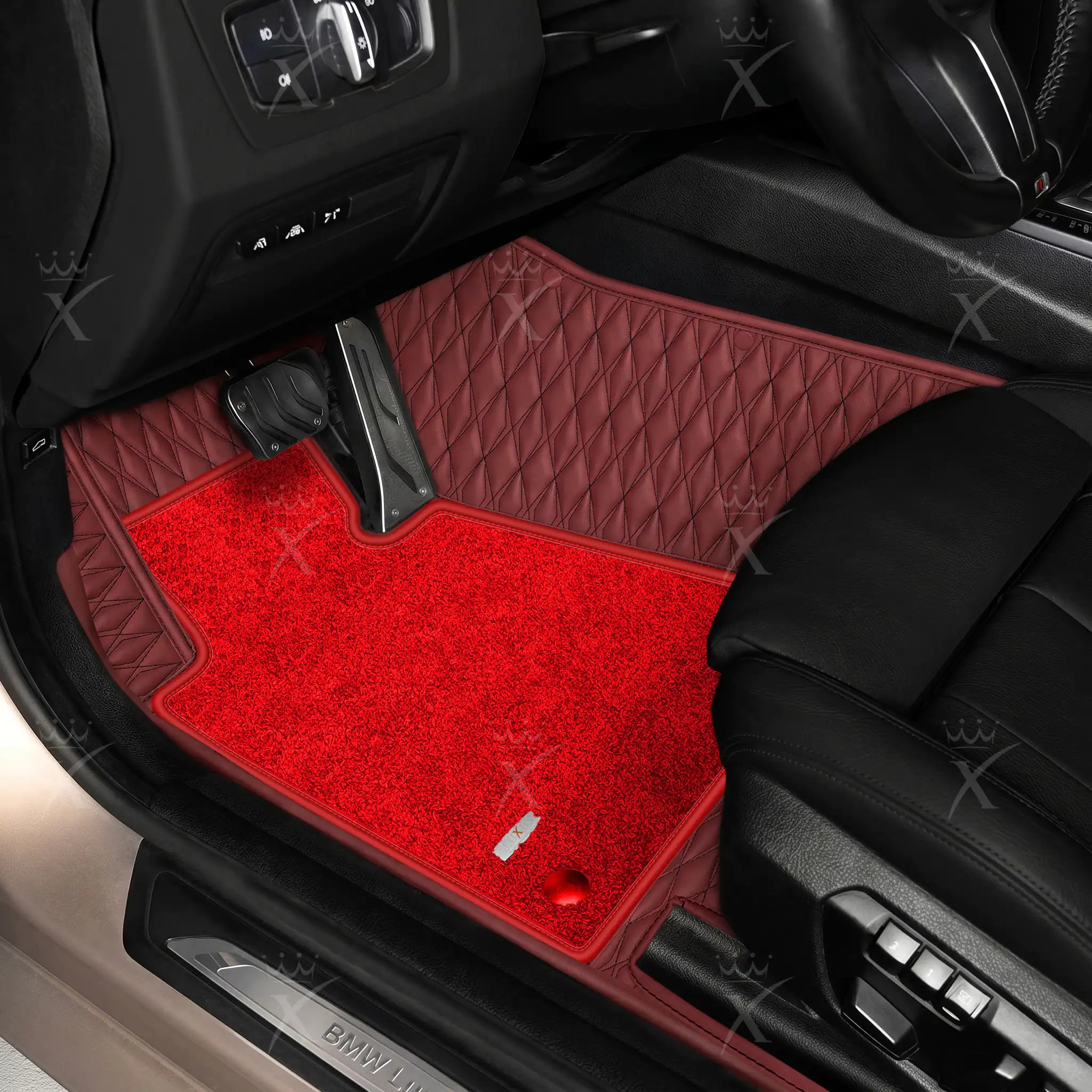 Luxus Twin-Diamond Double Layer Series Floor Mats | Wine Red & Rosso Corsa Top Carpet