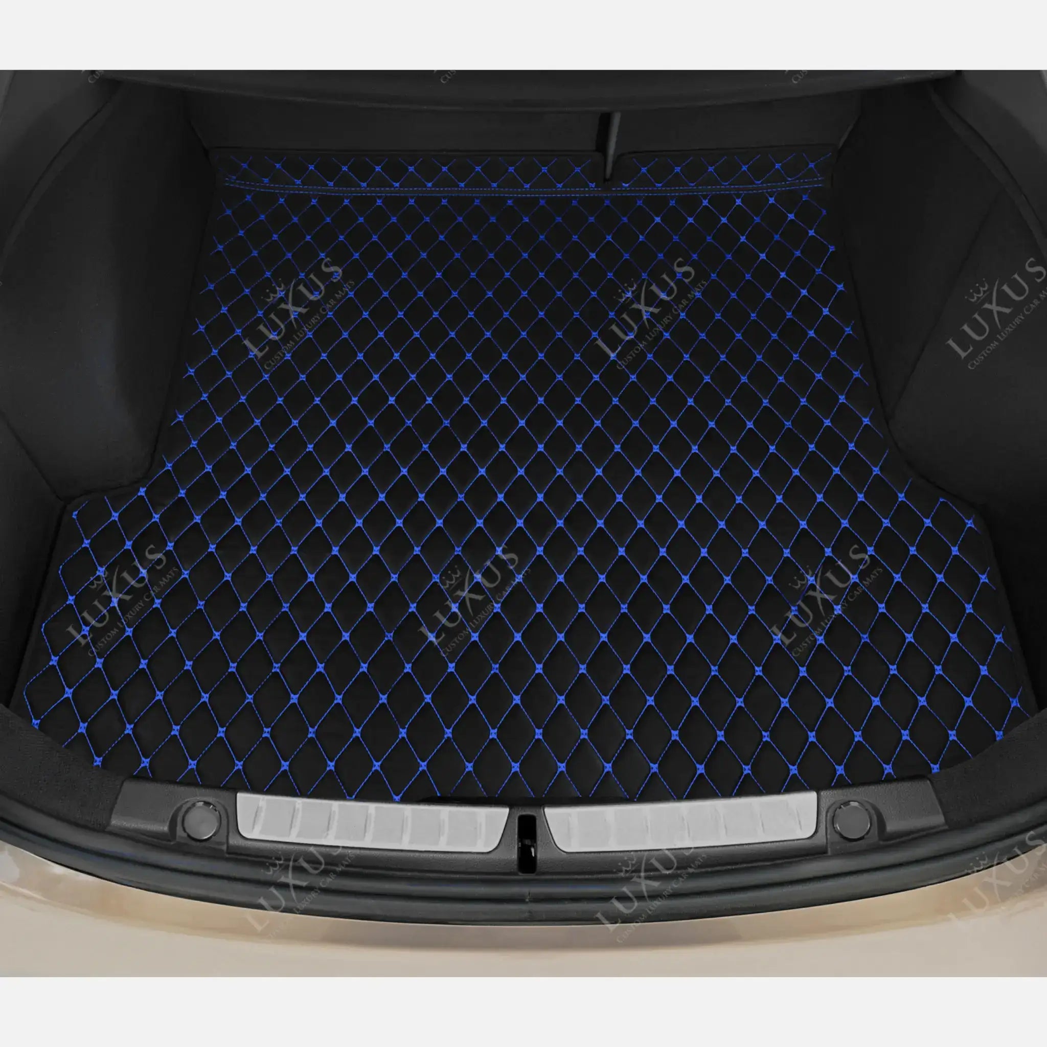 Luxus Car Mats™ – Luxus-Leder-Kofferraum-/Kofferraummatte mit schwarzen und blauen Nähten