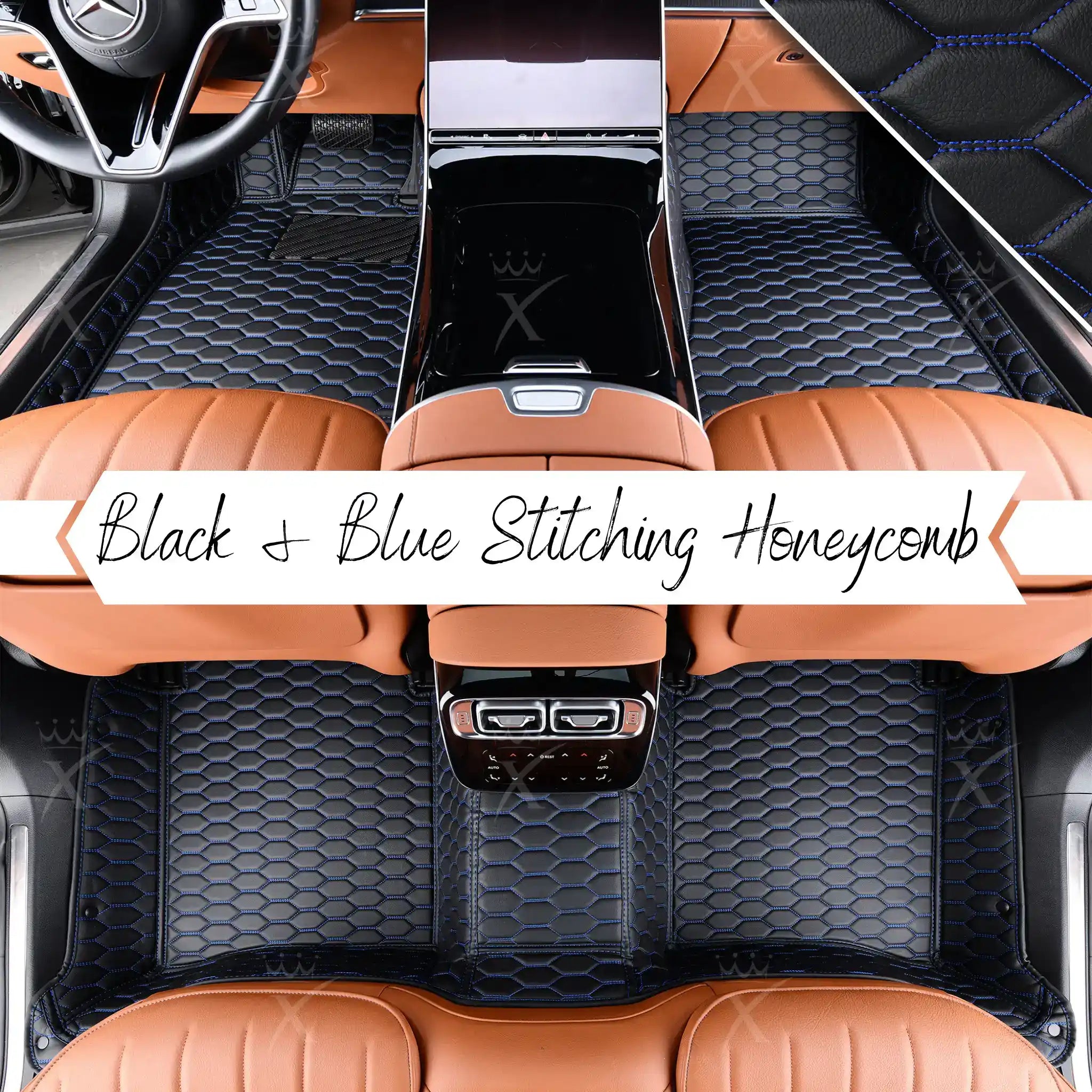 Luxus Premium Honeycomb Custom Car Mats Set | Black & Blue Stitching