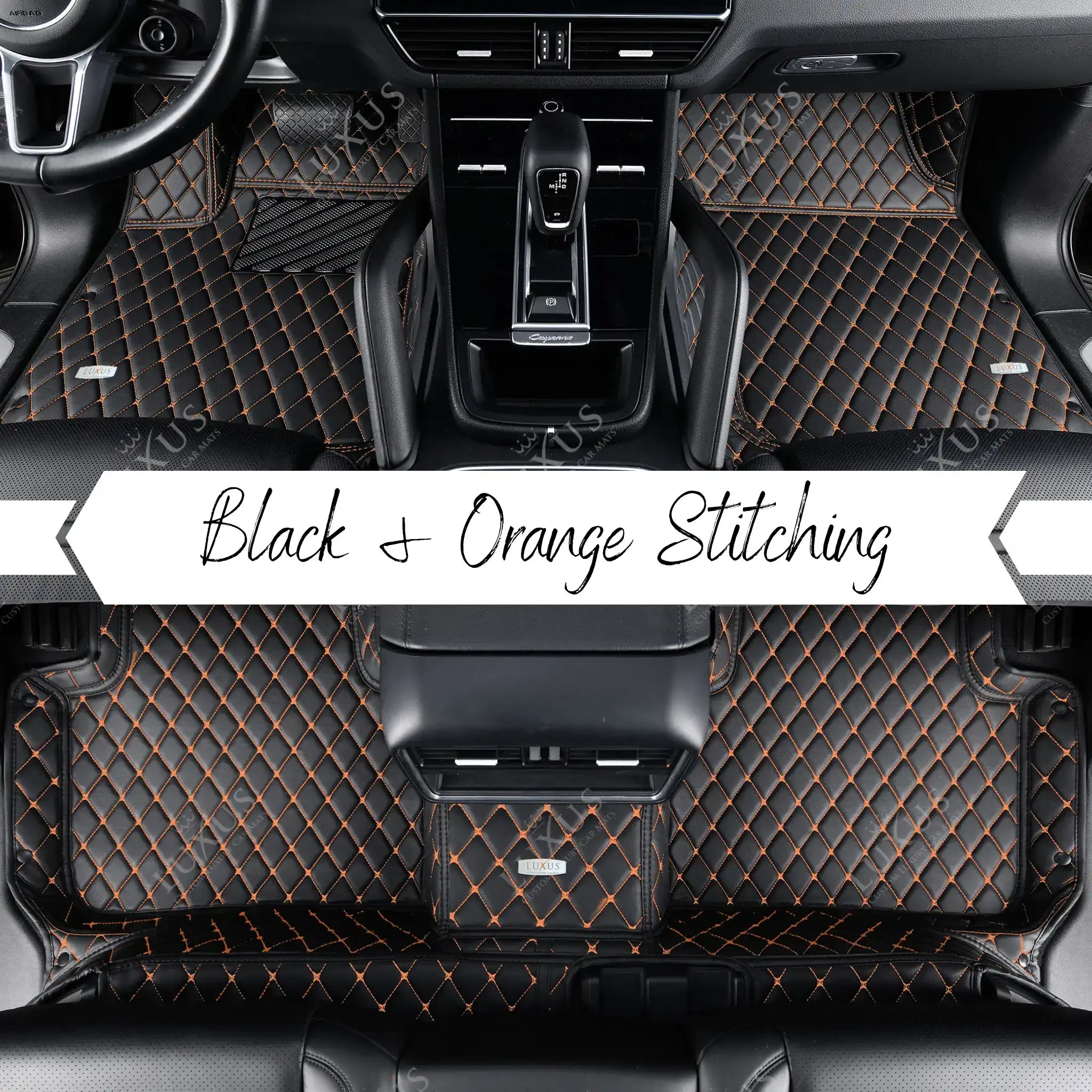 Luxus Car Mats™ - svart og oransje søm Luksus bilmattesett