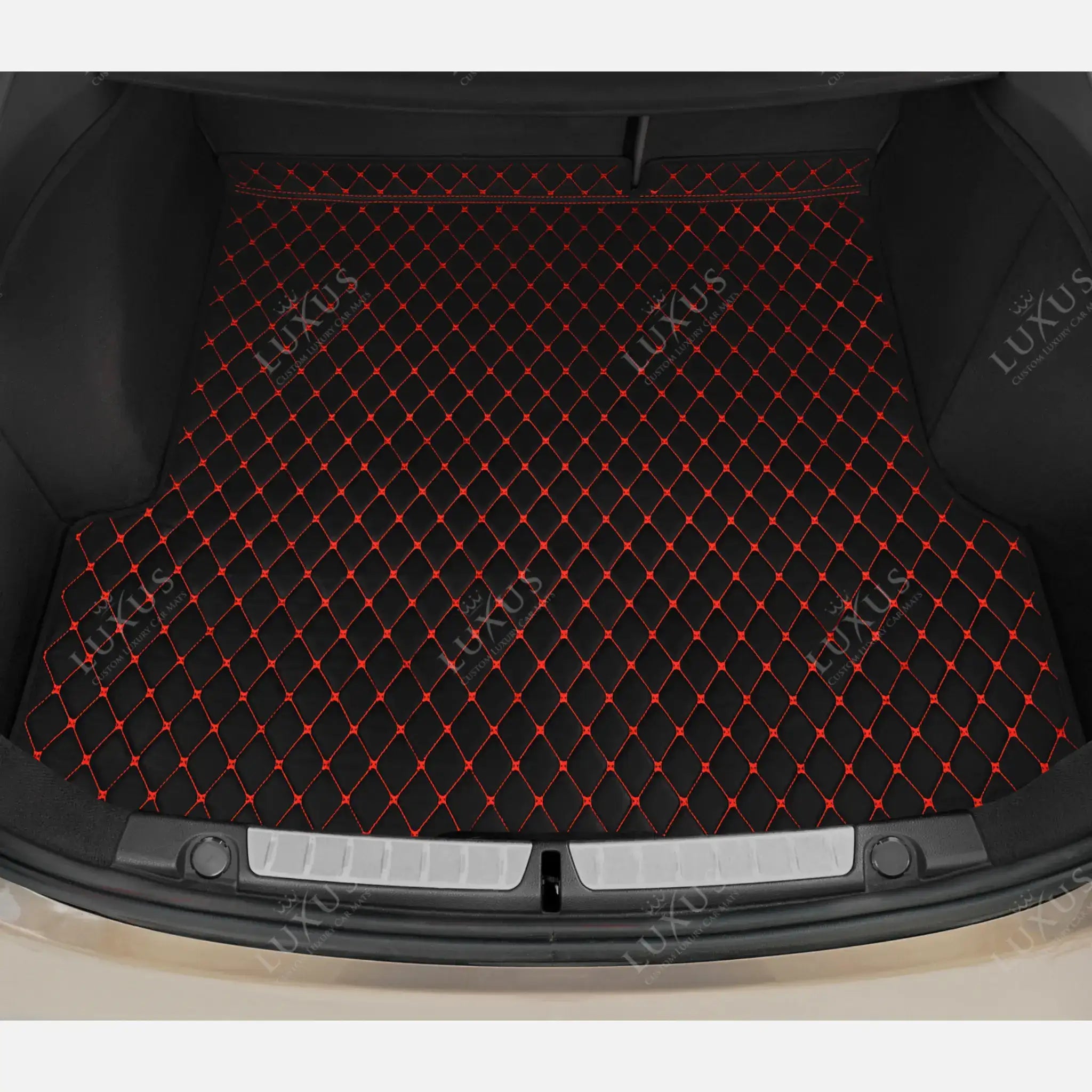 Luxus Car Mats™ - Tapete para maletero/maletero de cuero de lujo con costuras negras y rojas