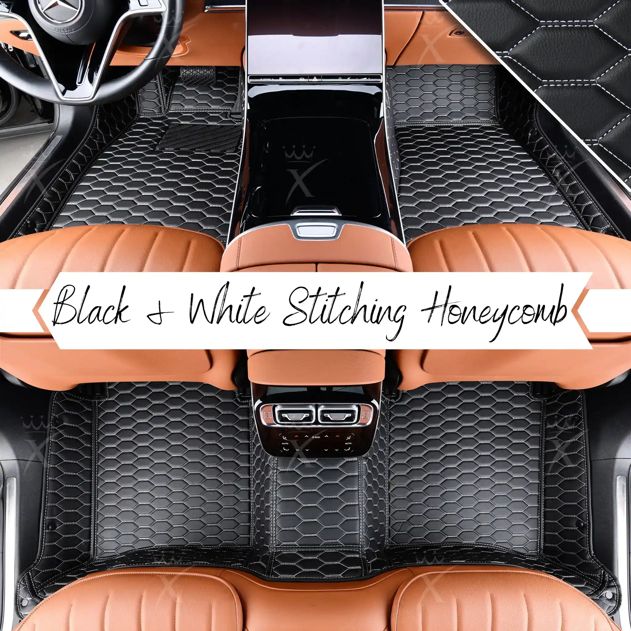 Luxus Premium Honeycomb Custom Car Mats Set | Black & White Stitching