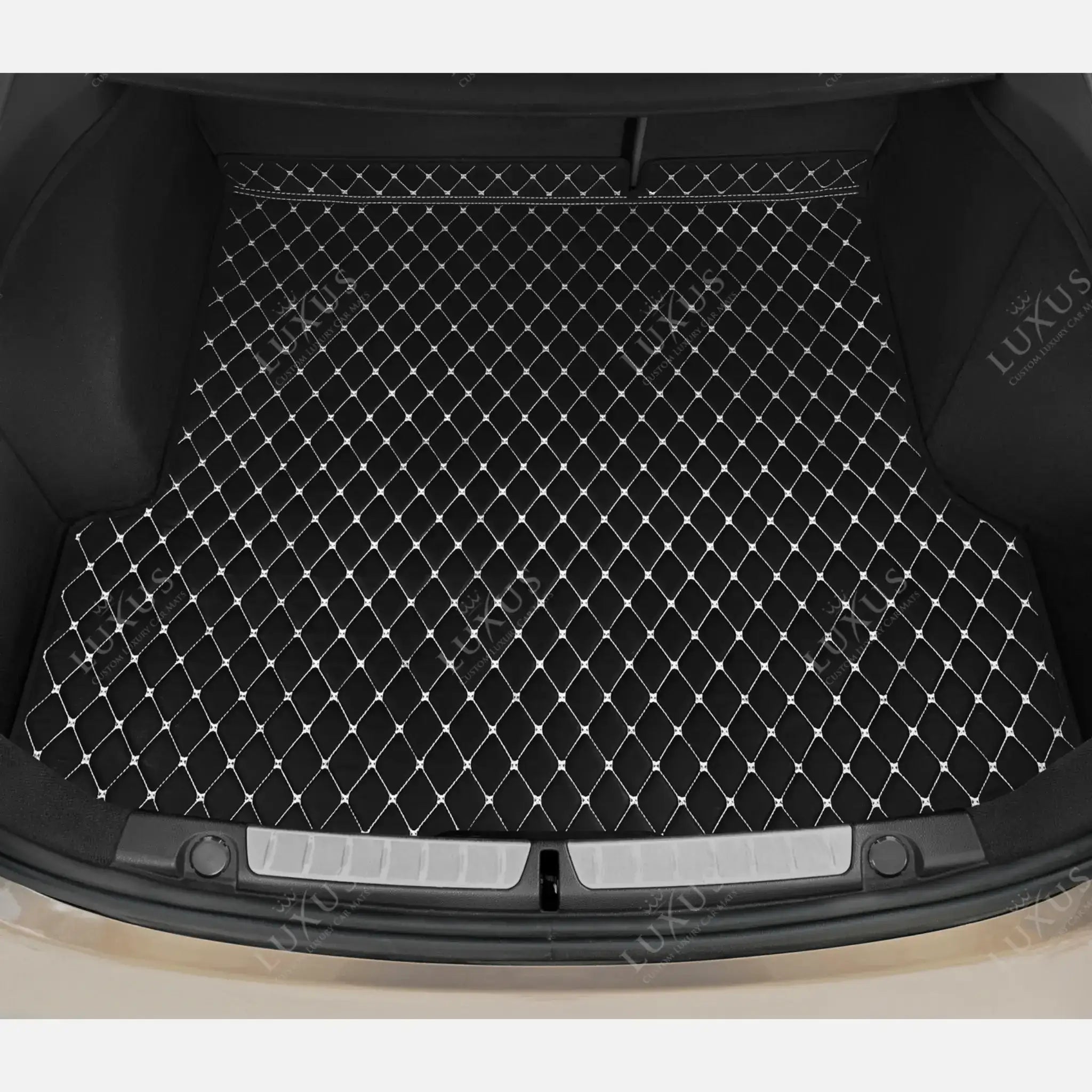 Luxus Car Mats™ - Svart og hvit søm Luksus støvel/bagasjematte i skinn