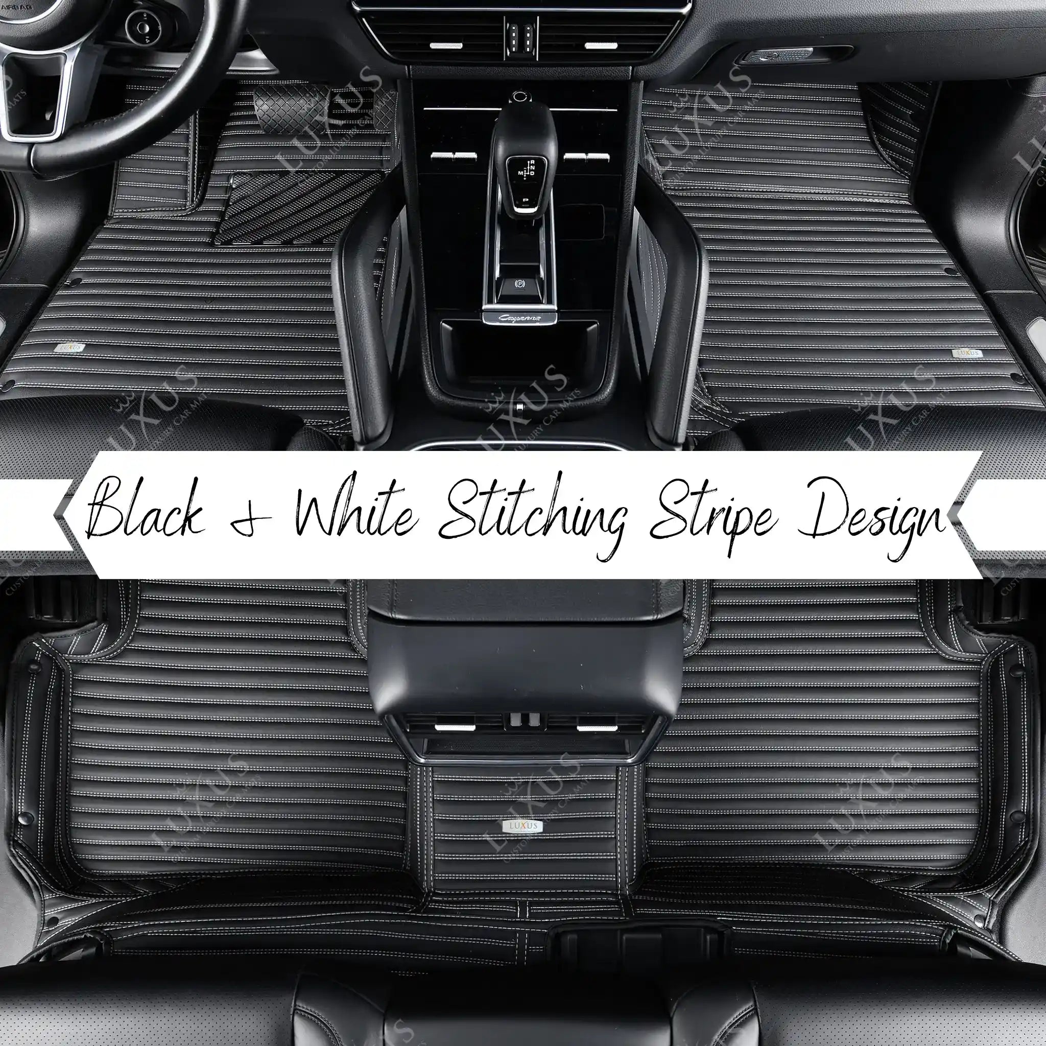 Black & White Stitching Stripe Luxury Car Mats Set
