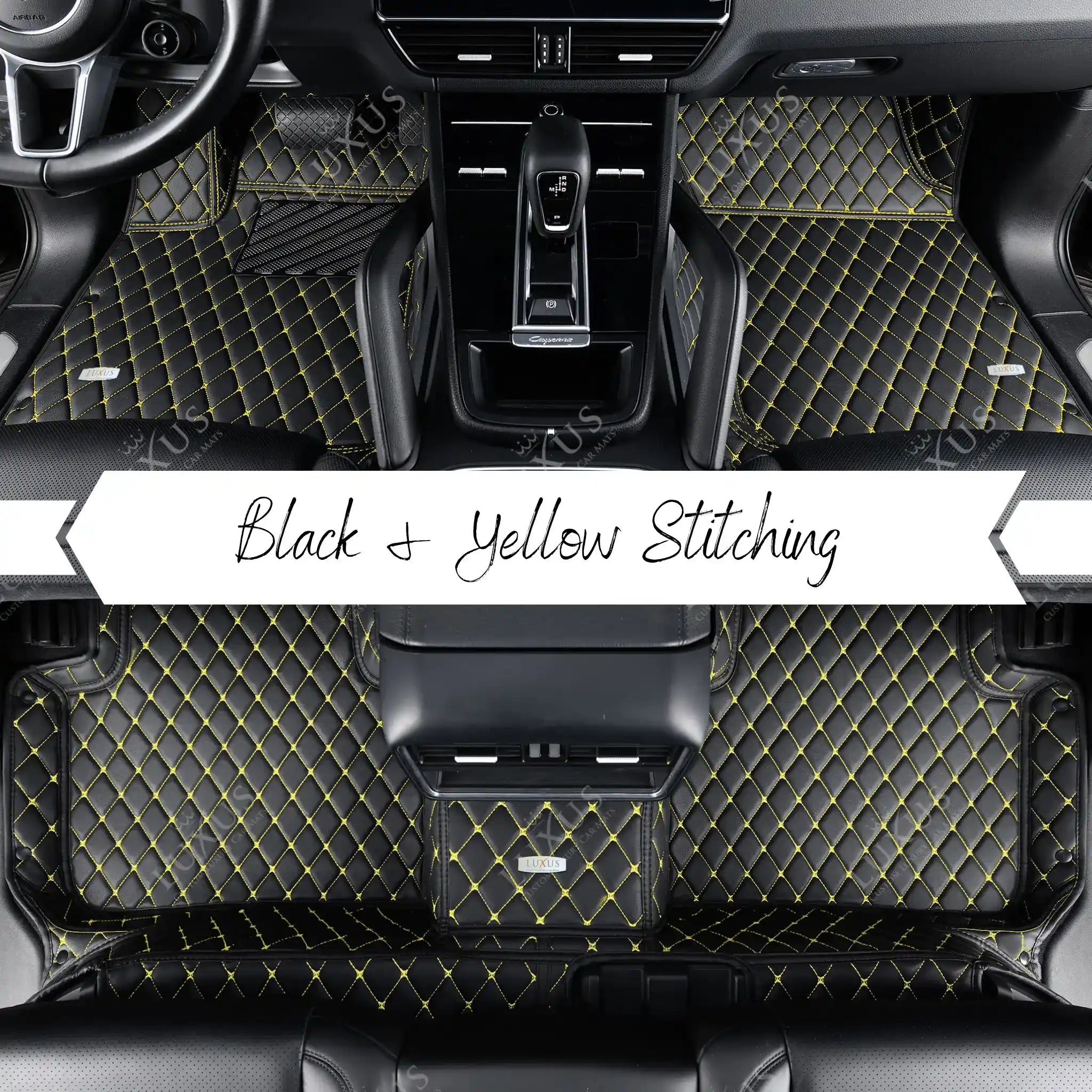 Luxus Car Matts™ - svart og gul søm Luksus bilmattesett