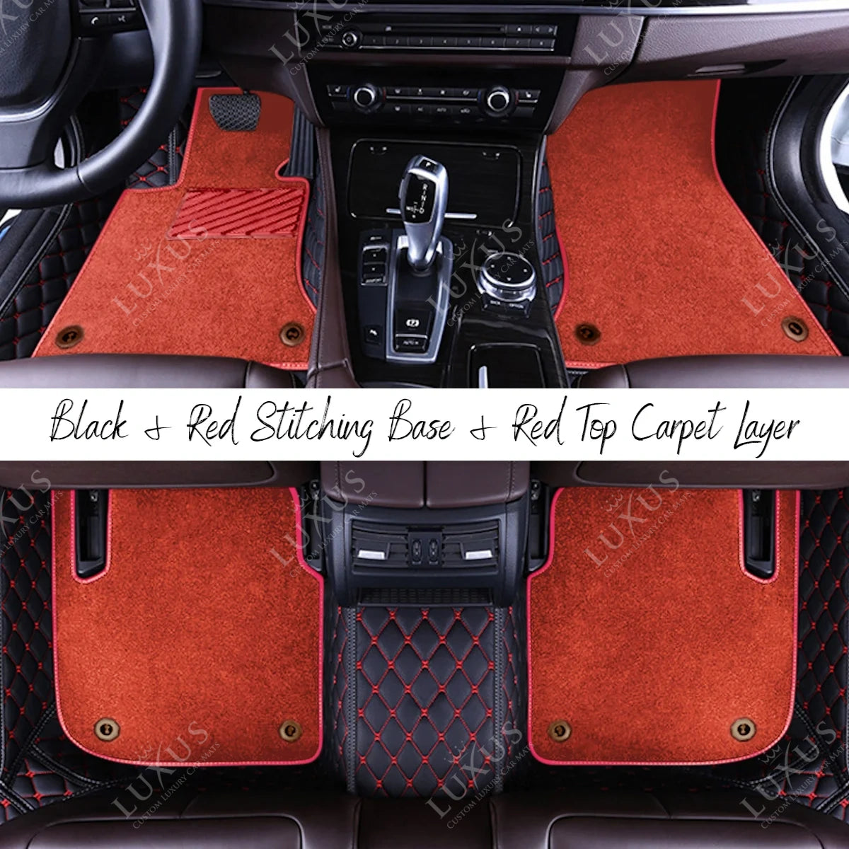 Black & Red Stitching Diamond Base & Red Top Carpet Double Layer Luxury Car Mats Set