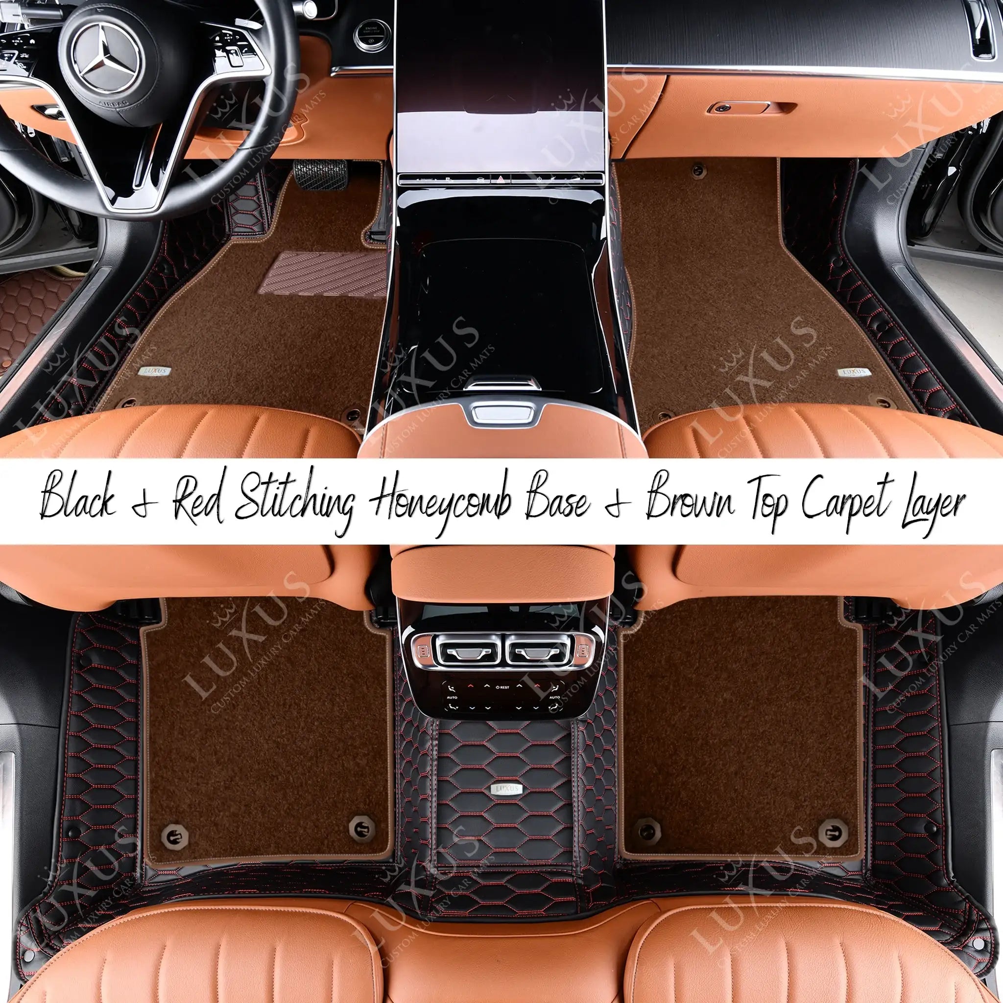 Black & Red Stitching Honeycomb Base & Brown Top Carpet Double Layer Luxury Car Mats Set