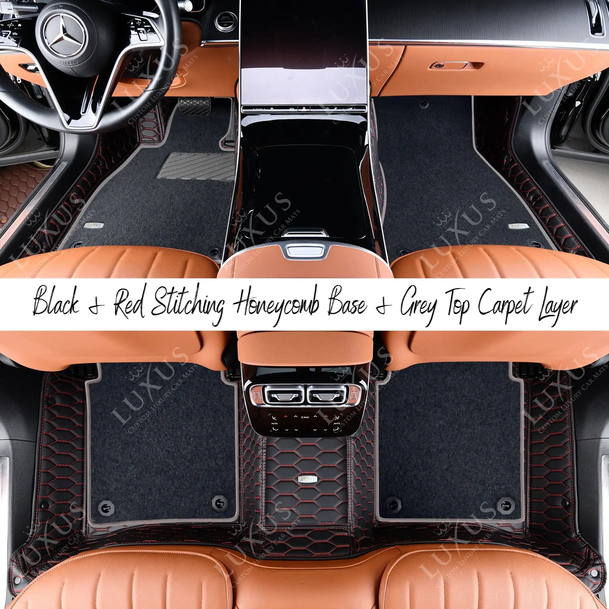 Black & Red Stitching Honeycomb Base & Grey Top Carpet Double Layer Luxury Car Mats Set