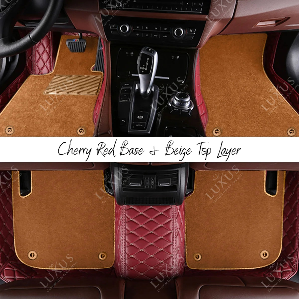 Cherry Red Diamond Base & Beige Top Carpet Double Layer Luxury Car Mats Set