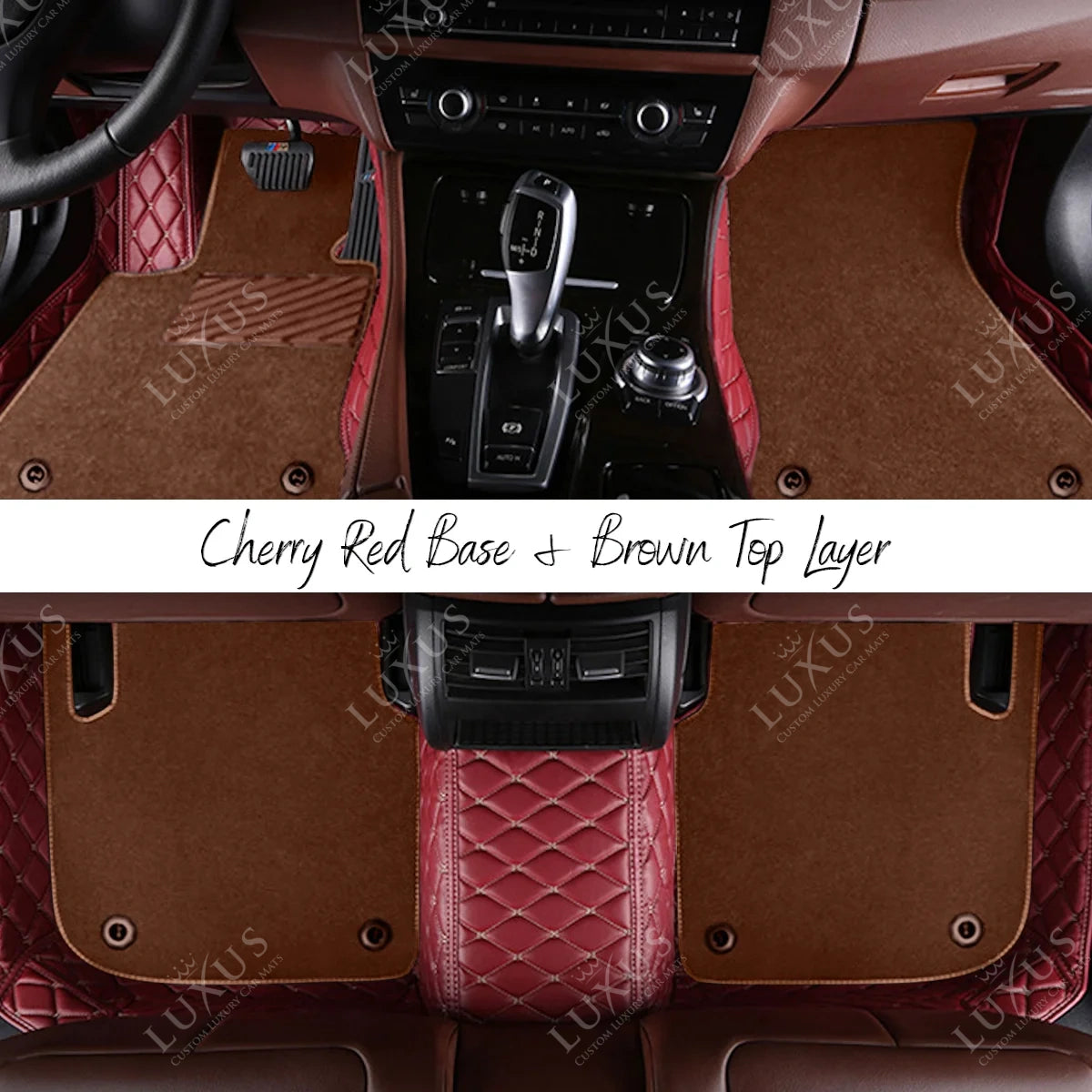 Cherry Red Diamond Base & Brown Top Carpet Double Layer Luxury Car Mats Set