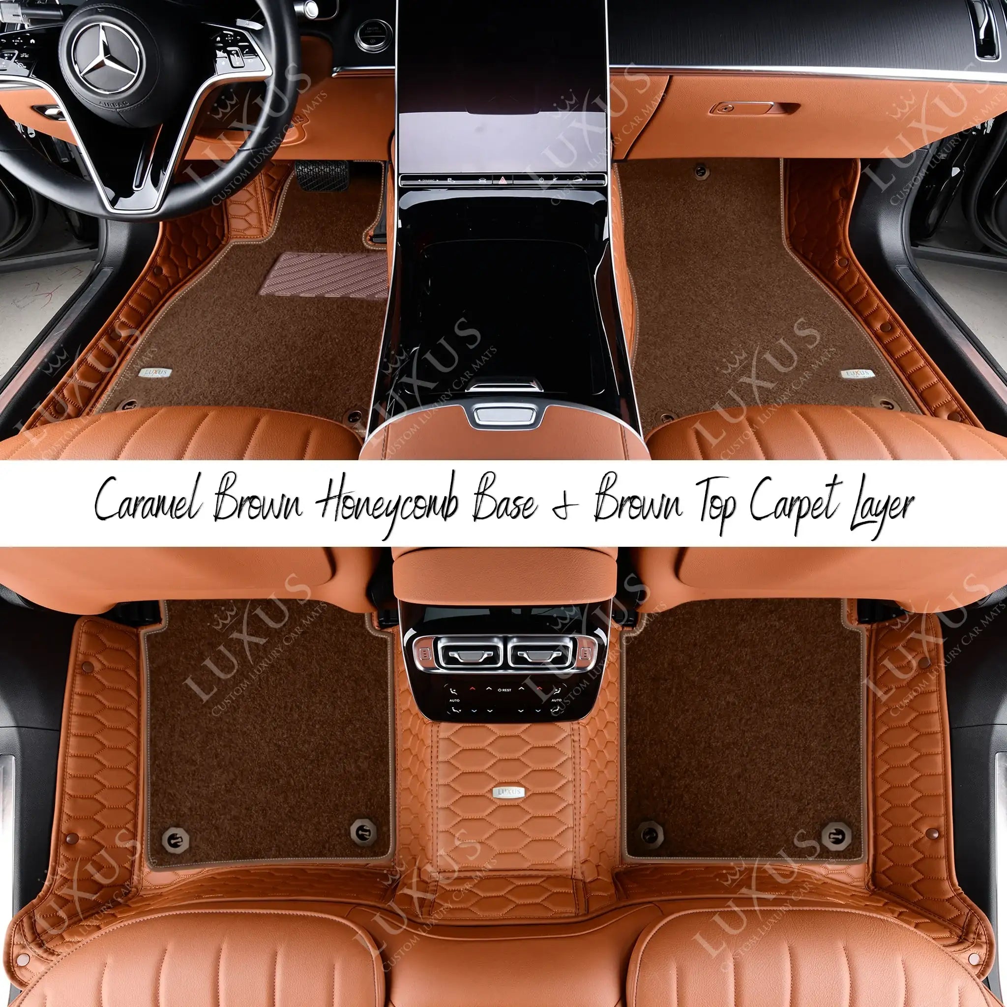 Caramel Brown Honeycomb Base & Brown Top Carpet Double Layer Luxury Car Mats Set