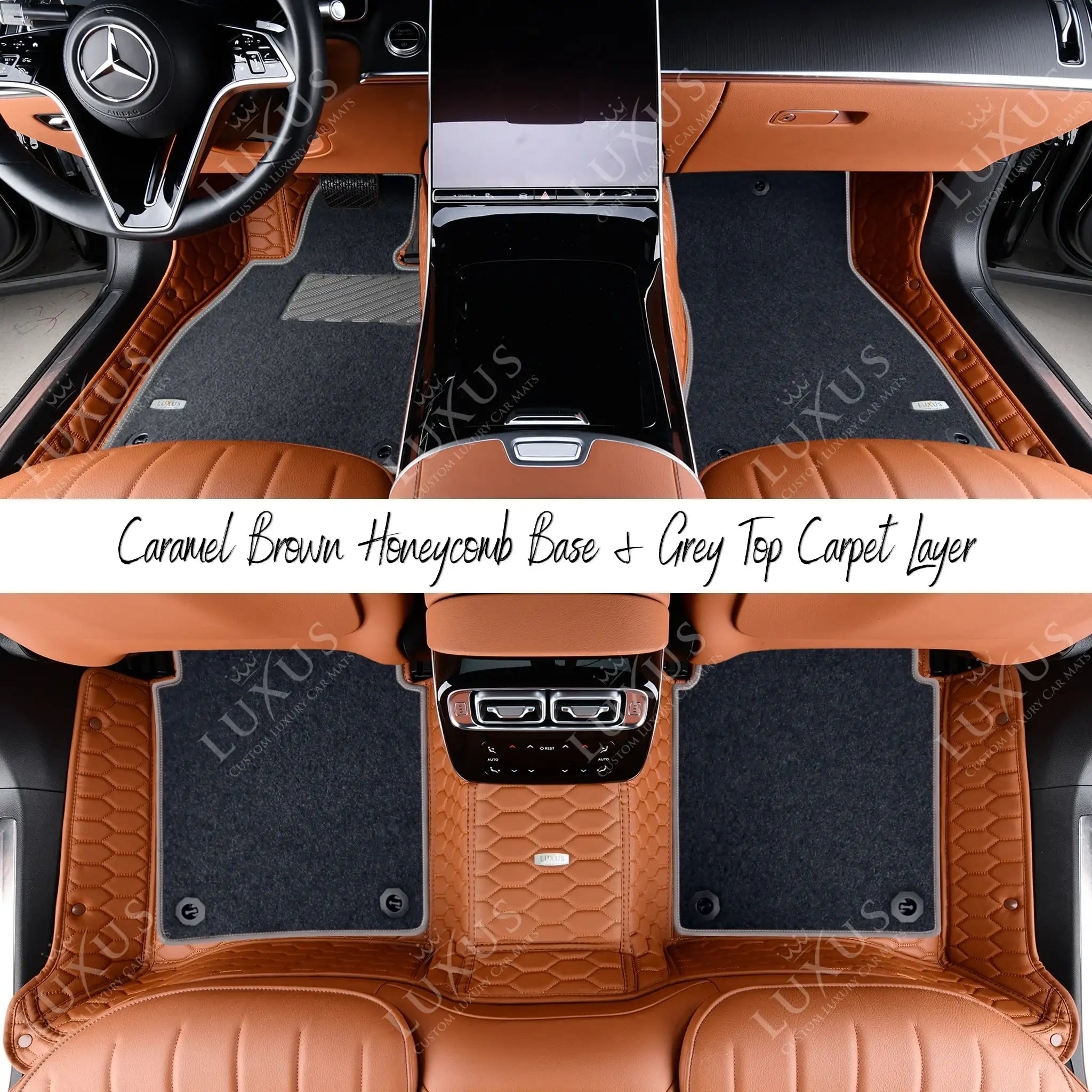 Caramel Brown Honeycomb Base & Grey Top Carpet Double Layer Luxury Car Mats Set