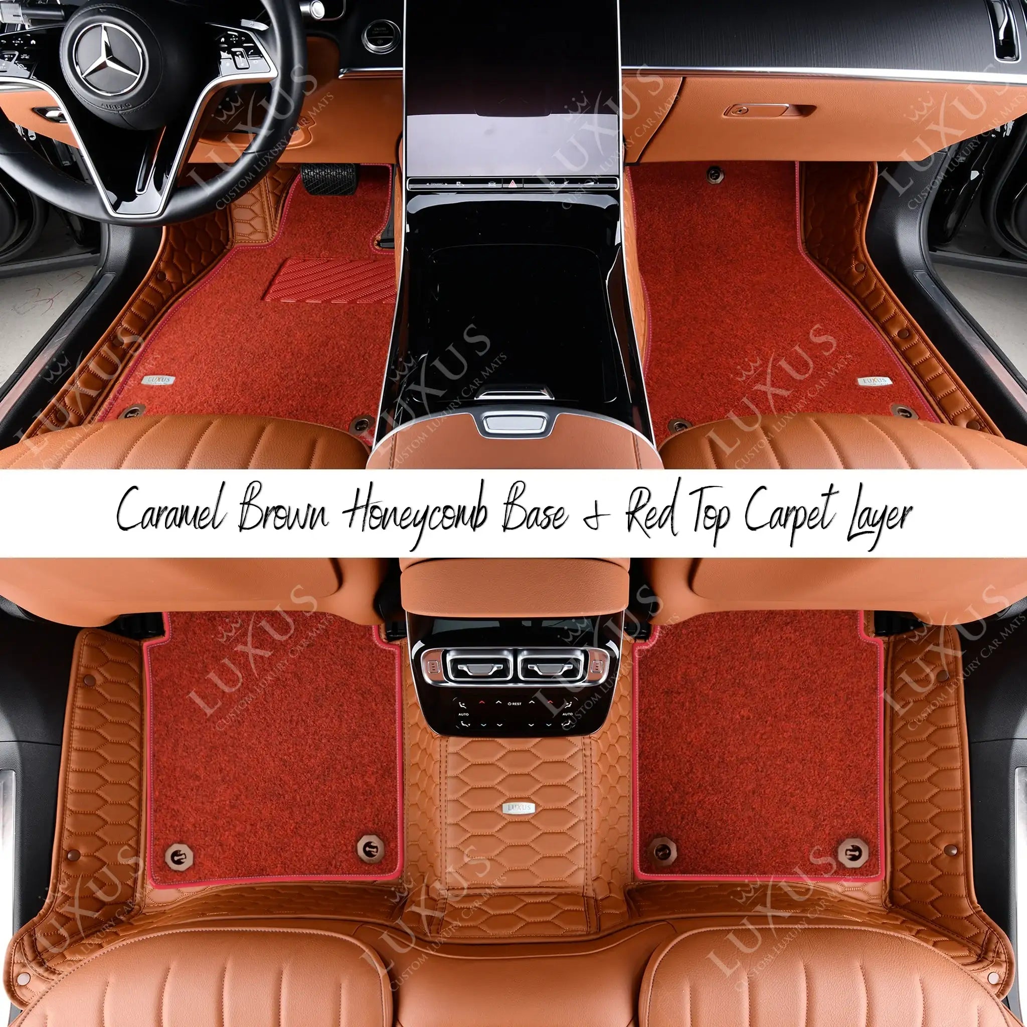 Caramel Brown Honeycomb Base & Red Top Carpet Double Layer Luxury Car Mats Set