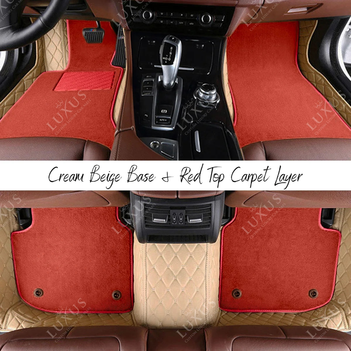 Cream Beige Diamond Base & Red Top Carpet Double Layer Luxury Car Mats Set