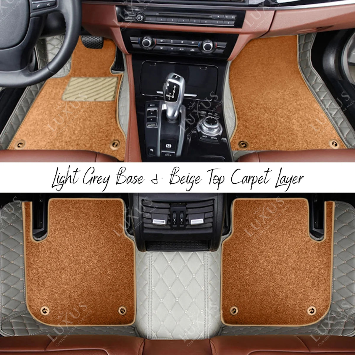 Light Grey Diamond Base & Beige Top Carpet Double Layer Luxury Car Mats Set