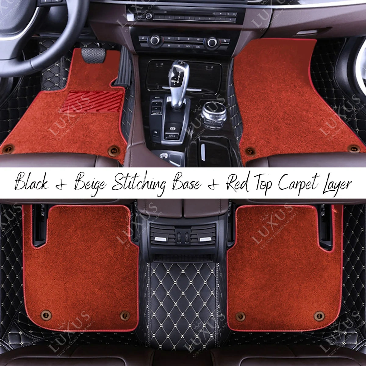 Black & Beige Stitching Diamond Base & Red Top Carpet Double Layer Luxury Car Mats Set