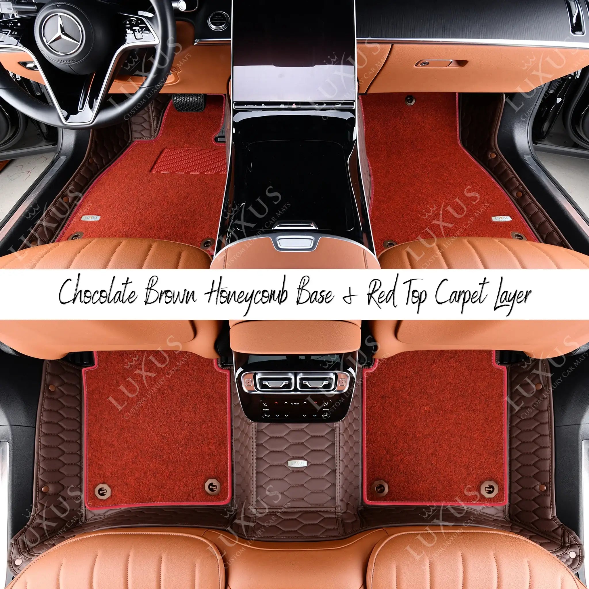Chocolate Brown Honeycomb Base & Red Top Carpet Double Layer Luxury Car Mats Set