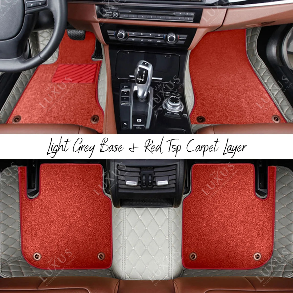 Light Grey Diamond Base & Red Top Carpet Double Layer Luxury Car Mats Set